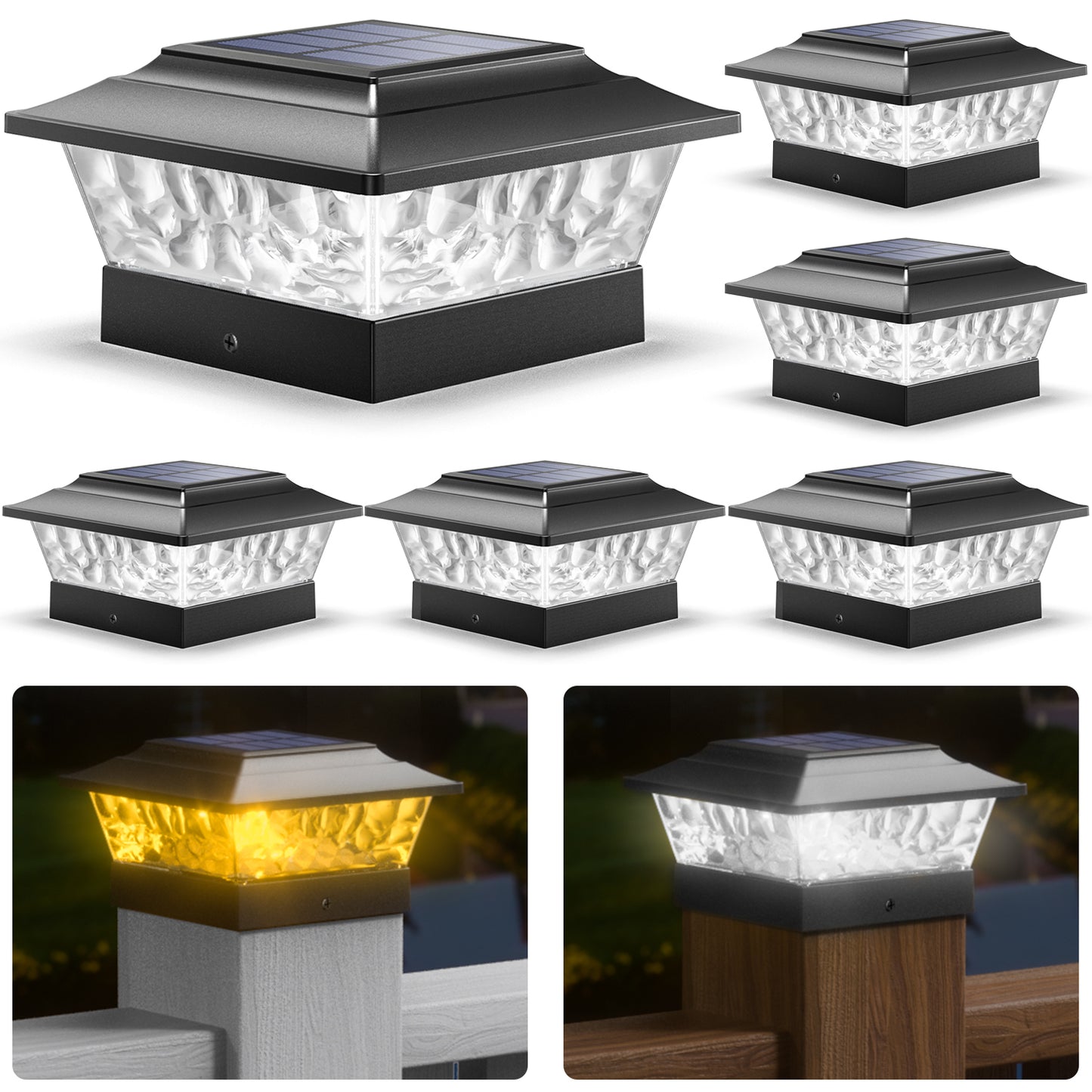 SIEDiNLAR Solar Post Lights Outdoor 12 LEDs 4 Modes Post Cap Light for 4x4 5x5 6x6 Wooden Vinyl Deck Fence Posts Garden Patio Decor, Warm/Cool White Dynamic Lighting (Black)