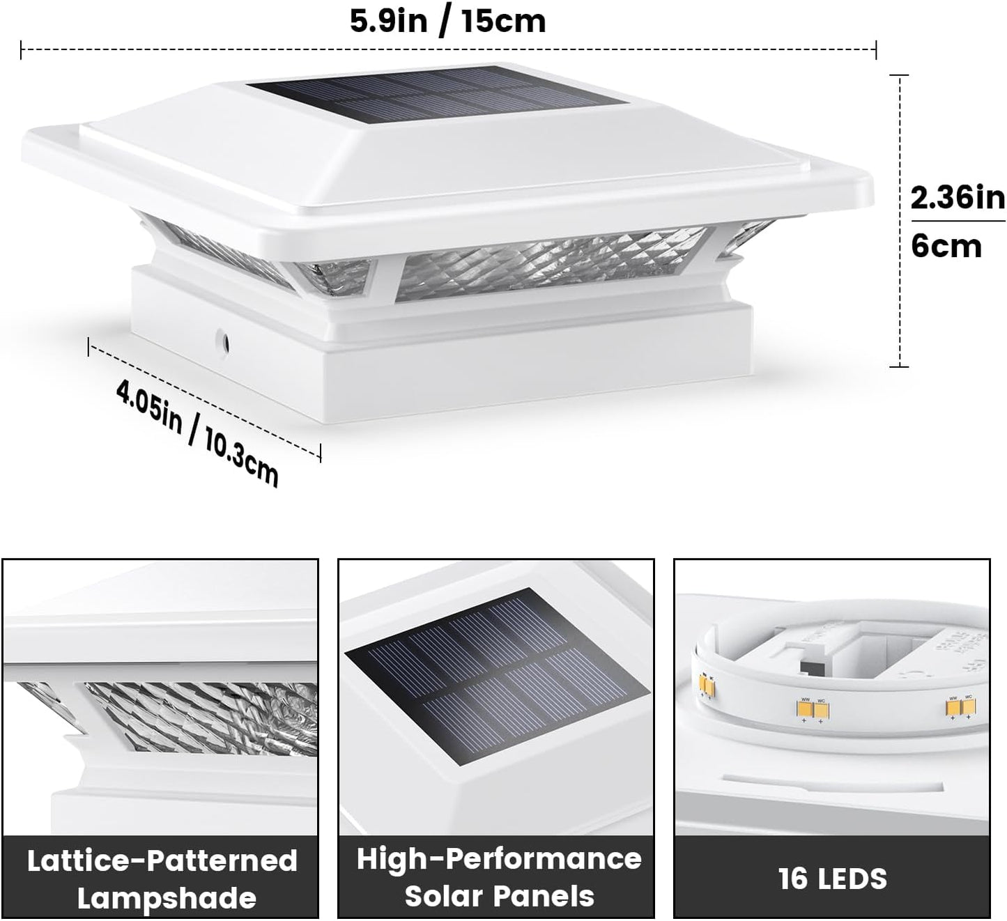 SIEDiNLAR 4x4 Solar Post Cap Lights 16 LEDs 2 Modes 3.5x3.5 4x4 Vinyl Wooden Post Light Waterproof Outdoor for Fence Deck Patio Garden Decor, Warm/Cool White (White)