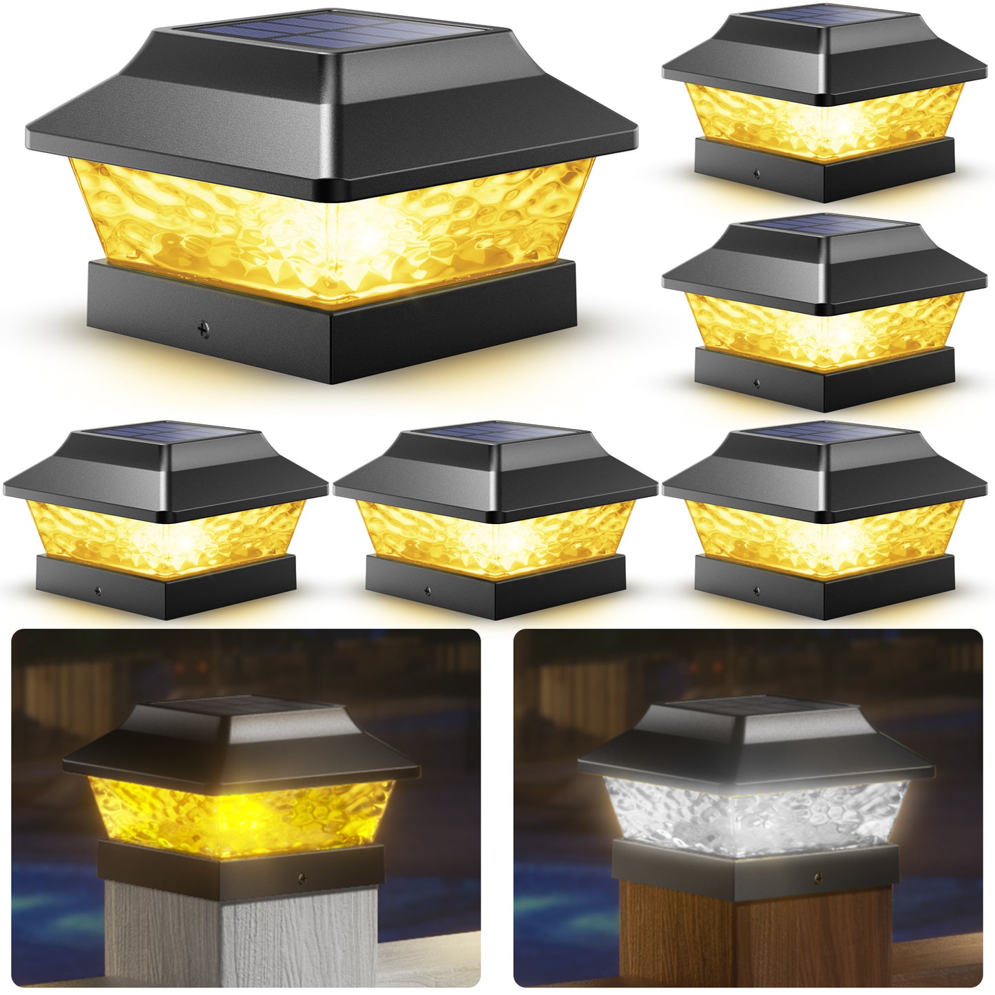 SIEDiNLAR 4x4 Solar Post Cap Lights 2 Modes Metal Deck Fence Post Light Waterproof Outdoor for 3.5x3.5 4x4 Vinyl Wooden Posts Garden Patio Decor, Warm/Cool White (Black)
