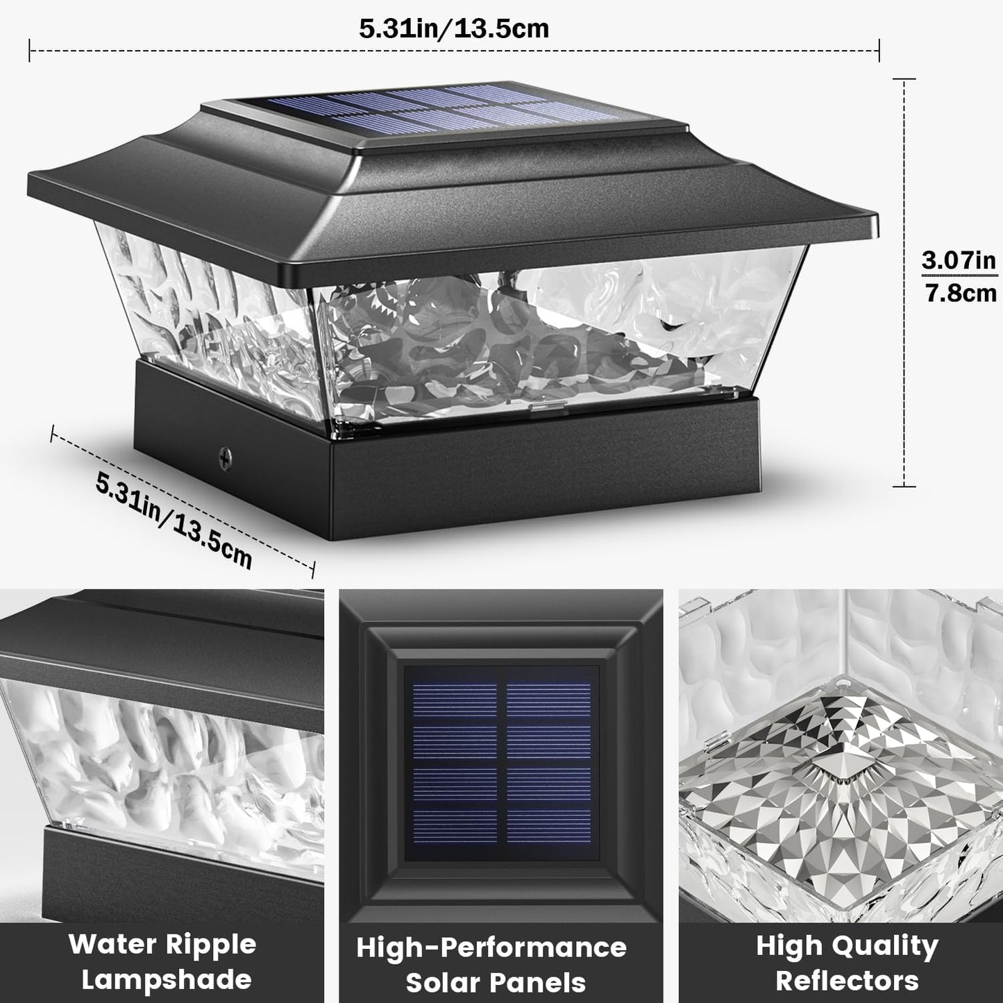 SIEDiNLAR Solar Post Lights Outdoor 12 LEDs 4 Modes Post Cap Light for 4x4 5x5 6x6 Wooden Vinyl Deck Fence Posts Garden Patio Decor, Warm/Cool White Dynamic Lighting (Black)