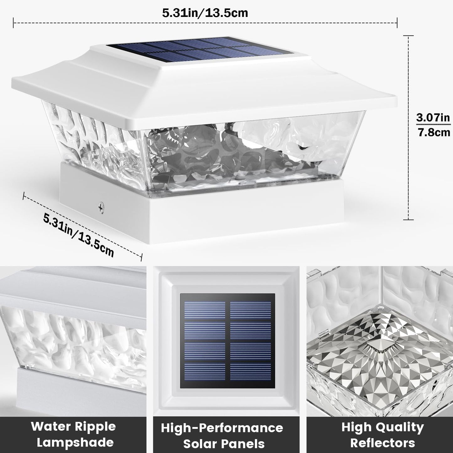 SIEDiNLAR Solar Post Lights Outdoor 12 LEDs 4 Modes Post Cap Light for 4x4 5x5 6x6 Wooden Vinyl Fence Deck Posts Garden Patio Decor, Warm/Cool White Dynamic Lighting (White)