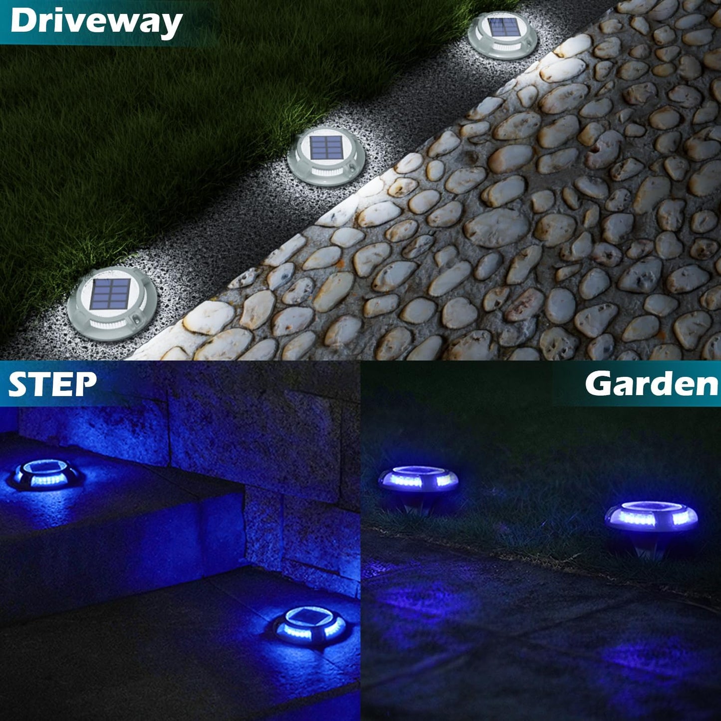 SIEDiNLAR Solar Driveway Lights Outdoor 4 Modes 40 LEDs Marine Dock Light Deck Driveway Markers Waterproof for Garden Step Ground Walkway Pathway Yard, Blue/White Dynamic Lighting