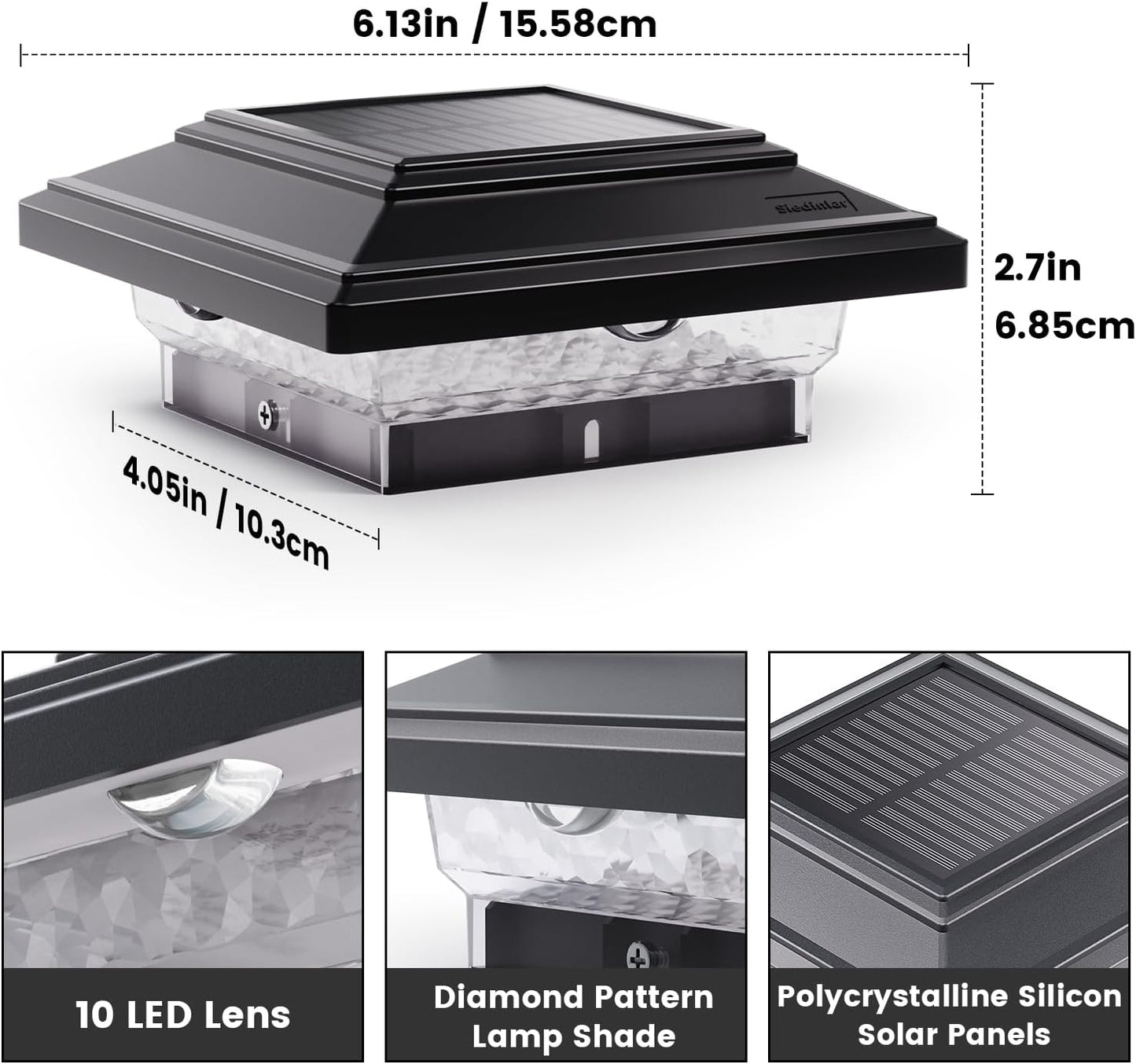SIEDiNLAR 4x4 Solar Post Lights 50 Lumens 2 Modes, Post Caps Light Outdoor Waterproof for 4x4 Wooden Vinyl Posts, Deck Fence Garden Patio Decor, Warm/White Lighting (Black)