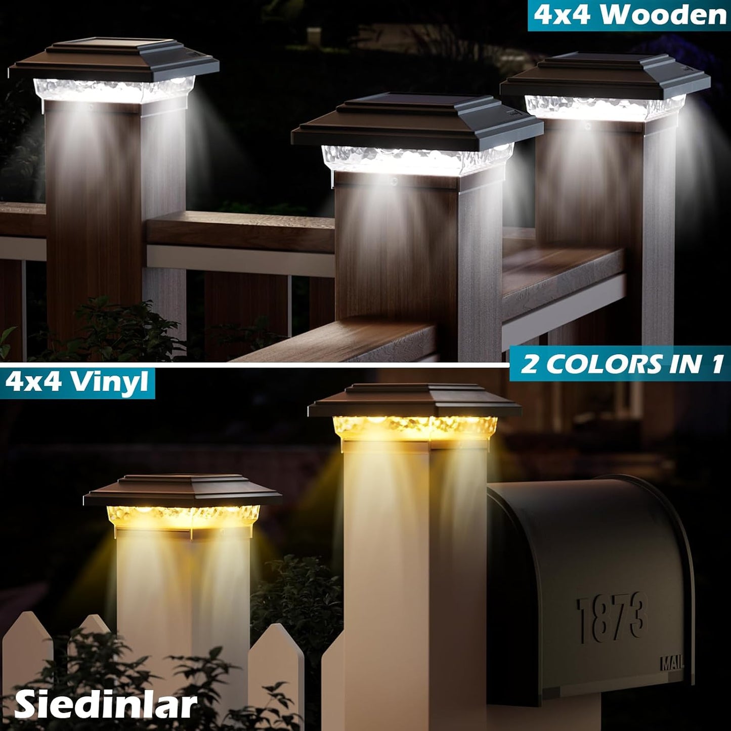 SIEDiNLAR 4x4 Solar Post Lights 50 Lumens 2 Modes, Post Caps Light Outdoor Waterproof for 4x4 Wooden Vinyl Posts, Deck Fence Garden Patio Decor, Warm/White Lighting (Black)