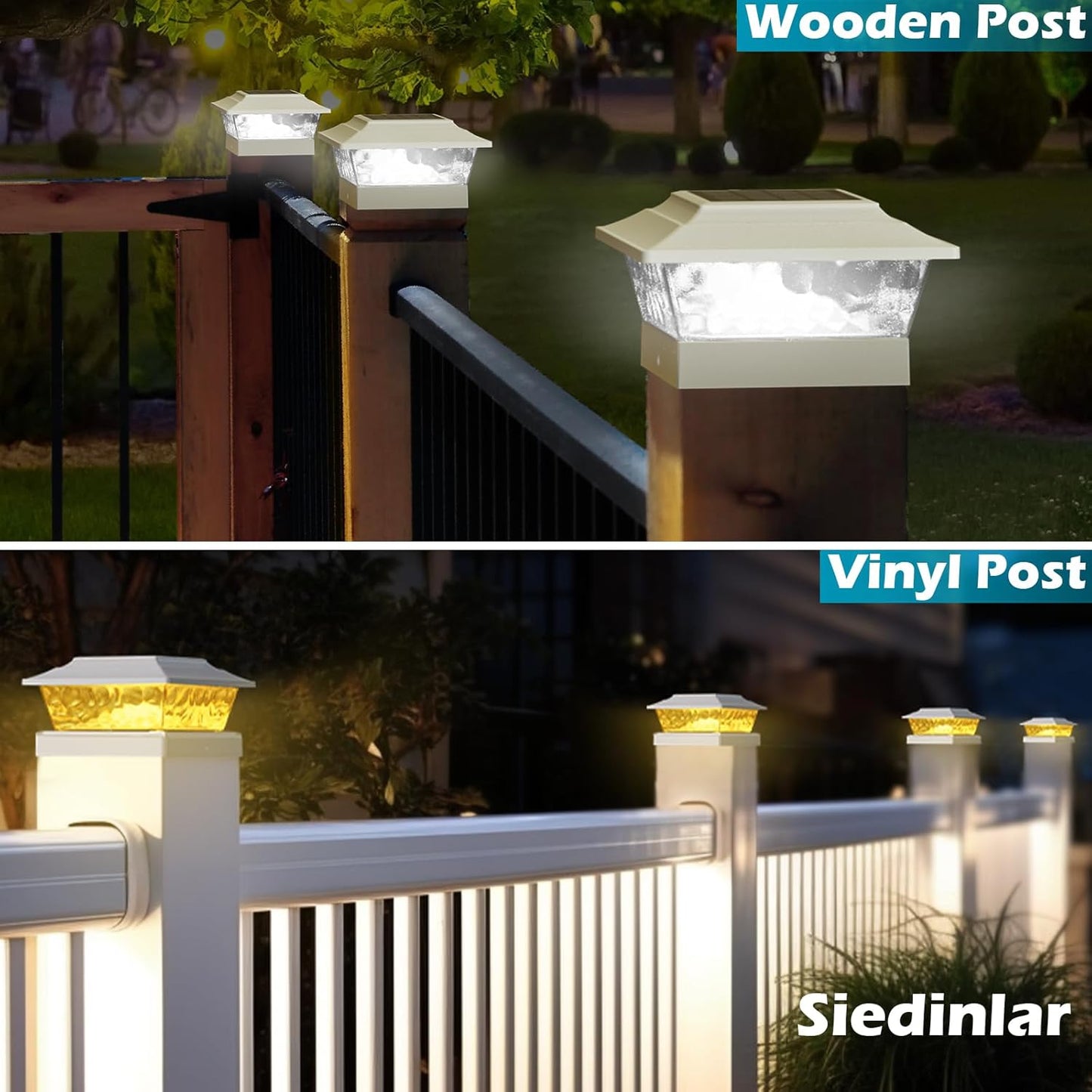 SIEDiNLAR Solar Post Lights Outdoor 12 LEDs 4 Modes Post Cap Light for 4x4 5x5 6x6 Wooden Vinyl Fence Deck Posts Garden Patio Decor, Warm/Cool White Dynamic Lighting (White)