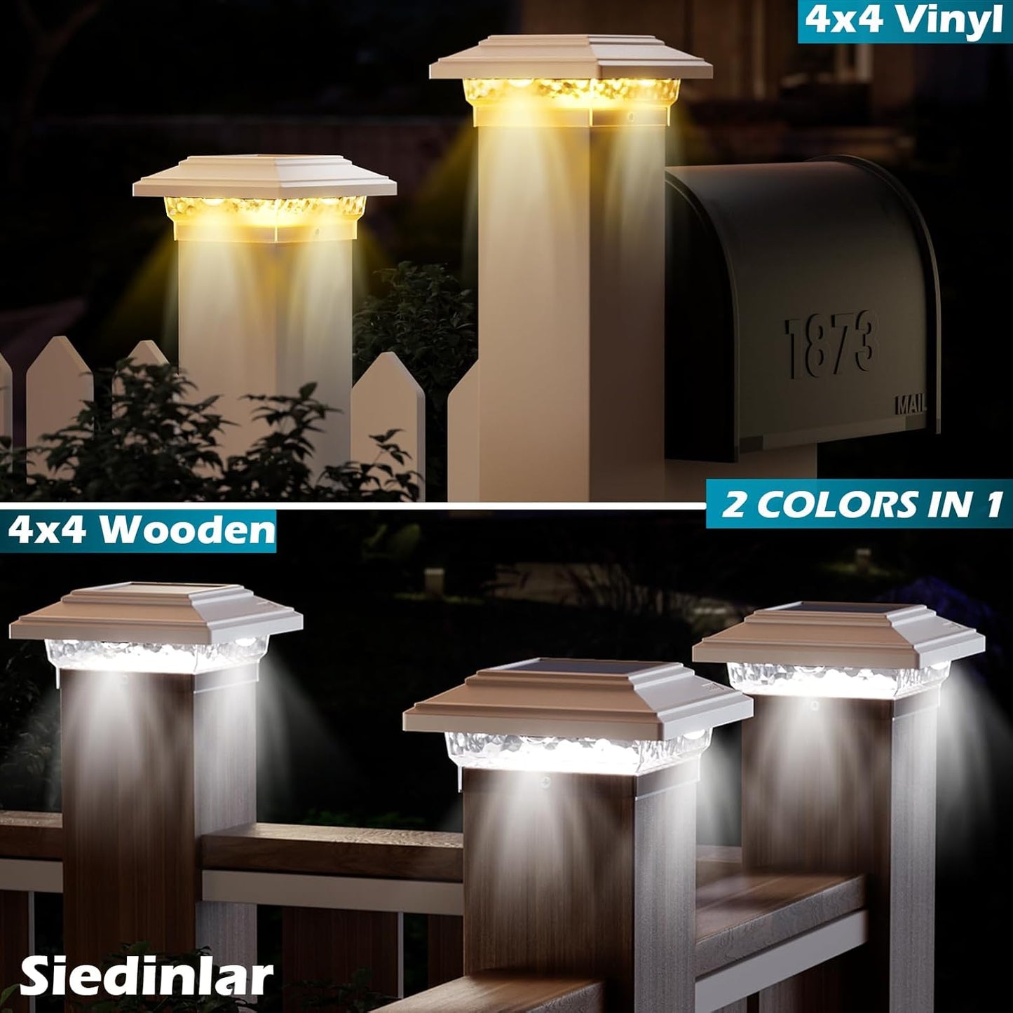 SIEDiNLAR 4x4 Solar Post Lights 50 Lumens 2 Modes, Post Caps Light Outdoor Waterproof for 4x4 Vinyl Wooden Posts, Deck Fence Garden Patio Decor, Warm/White Lighting (White)