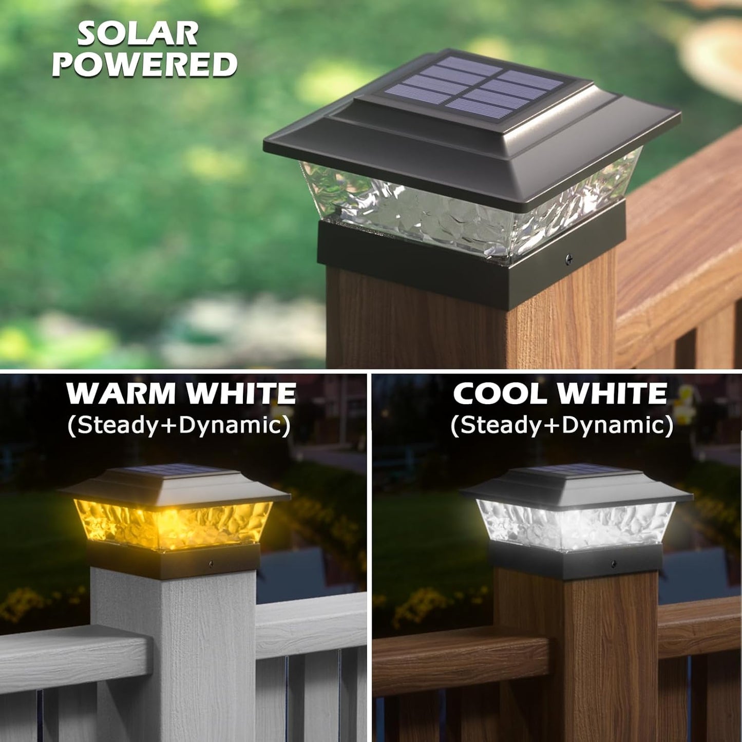 SIEDiNLAR Solar Post Lights Outdoor 12 LEDs 4 Modes Post Cap Light for 4x4 5x5 6x6 Wooden Vinyl Deck Fence Posts Garden Patio Decor, Warm/Cool White Dynamic Lighting (Black)
