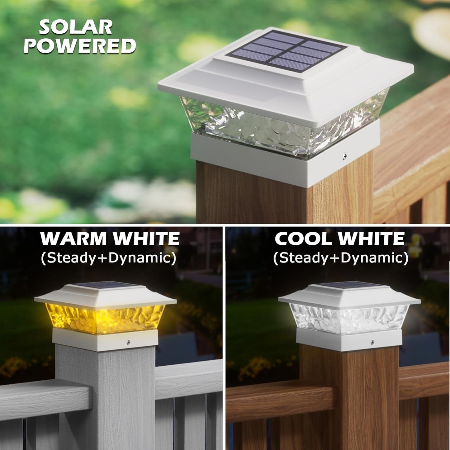 SIEDiNLAR Solar Post Lights Outdoor 12 LEDs 4 Modes Post Cap Light for 4x4 5x5 6x6 Wooden Vinyl Fence Deck Posts Garden Patio Decor, Warm/Cool White Dynamic Lighting (White)