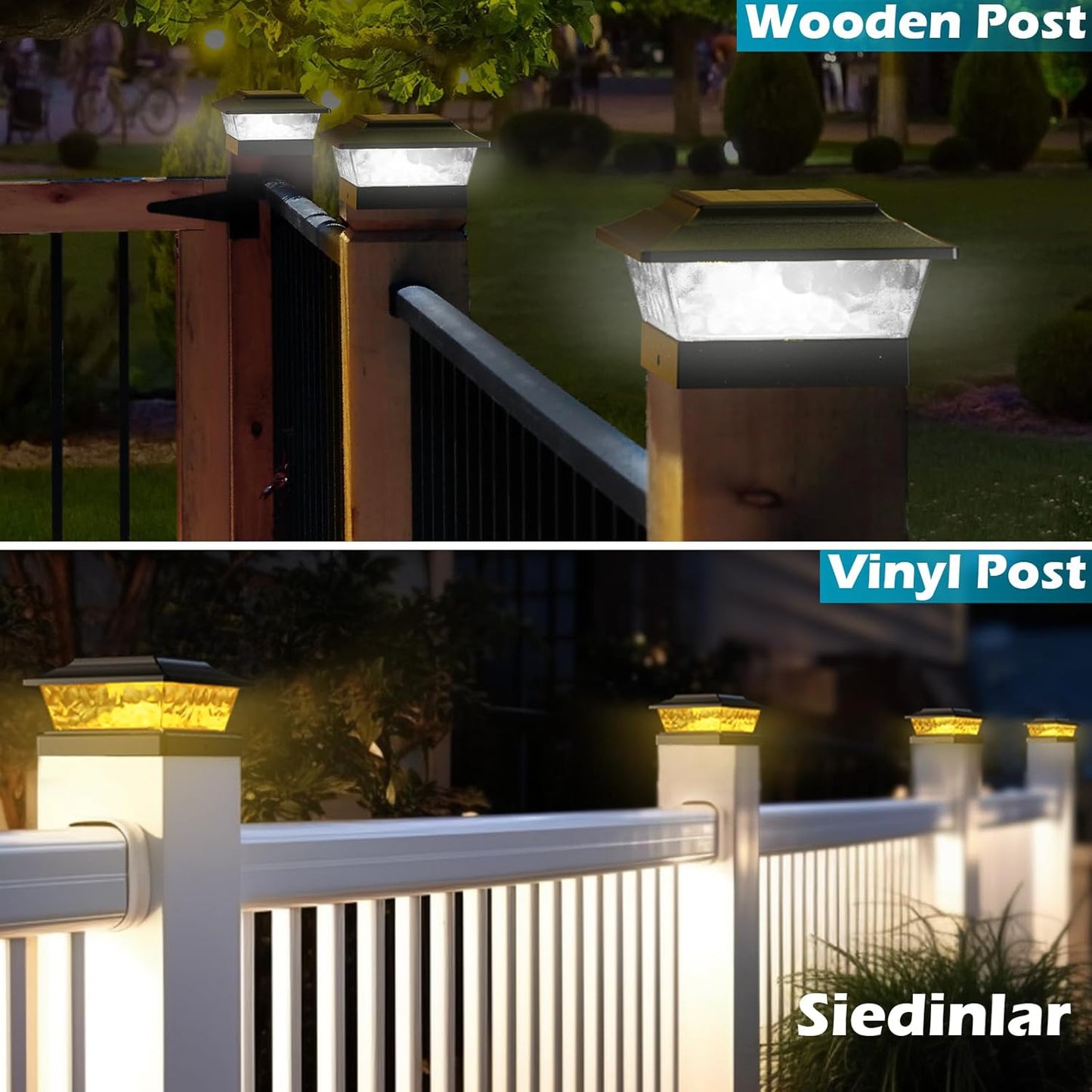 SIEDiNLAR Solar Post Lights Outdoor 12 LEDs 4 Modes Post Cap Light for 4x4 5x5 6x6 Wooden Vinyl Deck Fence Posts Garden Patio Decor, Warm/Cool White Dynamic Lighting (Black)