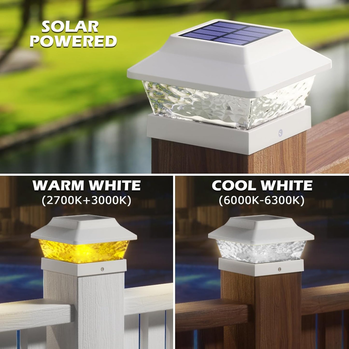 SIEDiNLAR 4x4 Solar Post Cap Lights 2 Modes Metal Deck Fence Post Light Waterproof Outdoor for 3.5x3.5 4x4 Wooden Vinyl Posts Garden Patio Decor, Warm/Cool White (White)
