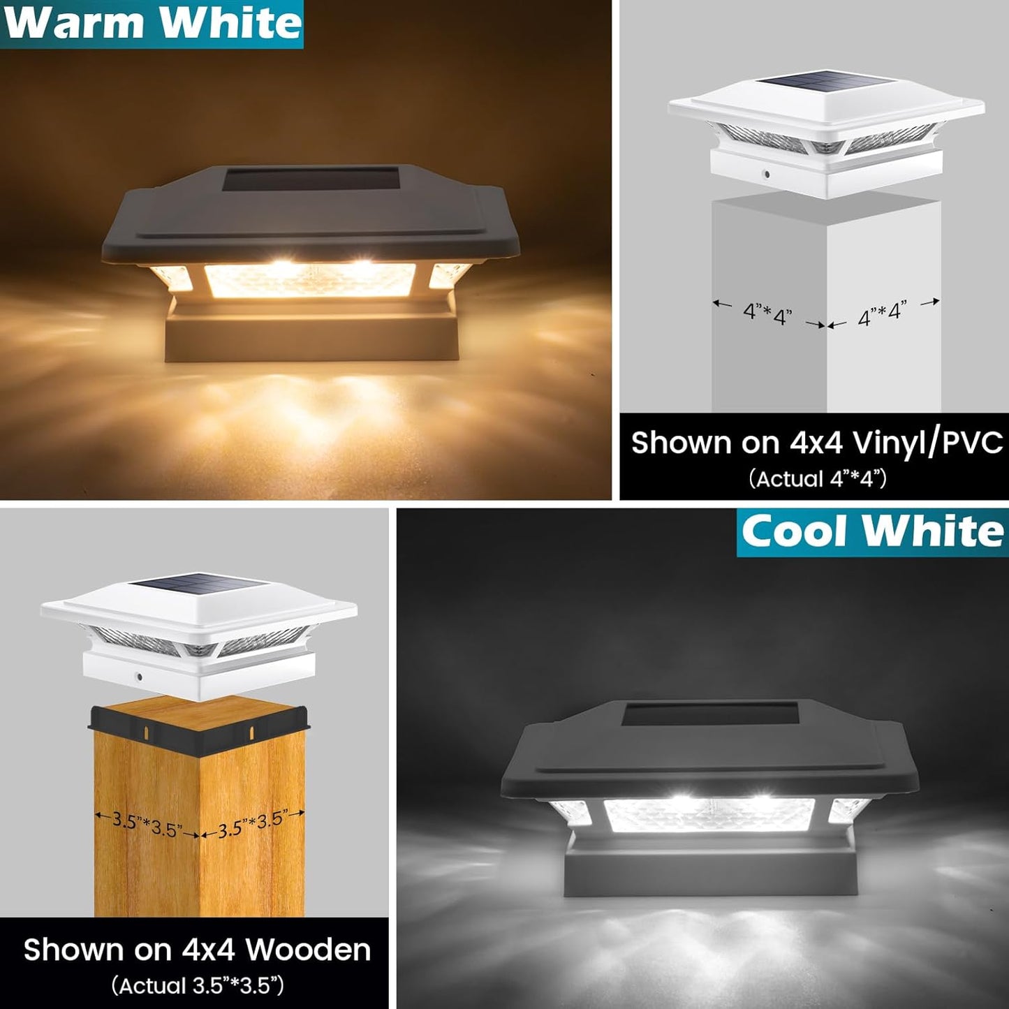 SIEDiNLAR 4x4 Solar Post Cap Lights 16 LEDs 2 Modes 3.5x3.5 4x4 Vinyl Wooden Post Light Waterproof Outdoor for Fence Deck Patio Garden Decor, Warm/Cool White (White)