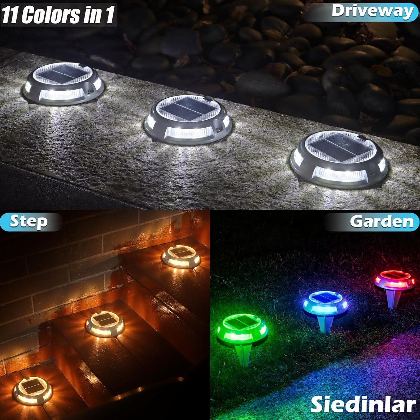 SIEDiNLAR Solar Driveway Lights Outdoor 16 LEDs 9 Modes, Dock Markers Deck Lights Waterproof Warning for Pathway Driveway Walkway Ground Step Yard Garden, RGB