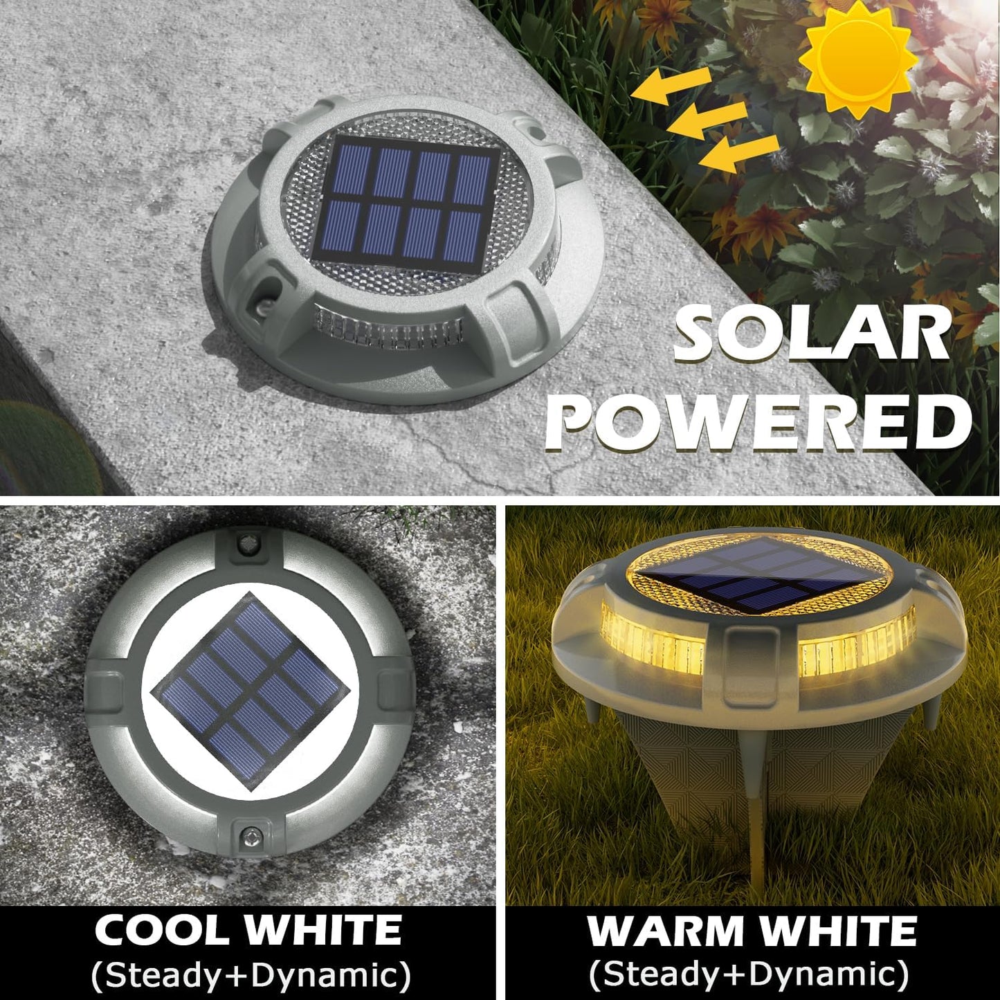 SIEDiNLAR Solar Driveway Lights Outdoor 4 Modes 40 LEDs Deck Driveway Markers Marine Dock Light Waterproof for Garden Ground Walkway Pathway Step Yard, White/Warm Dynamic Lighting