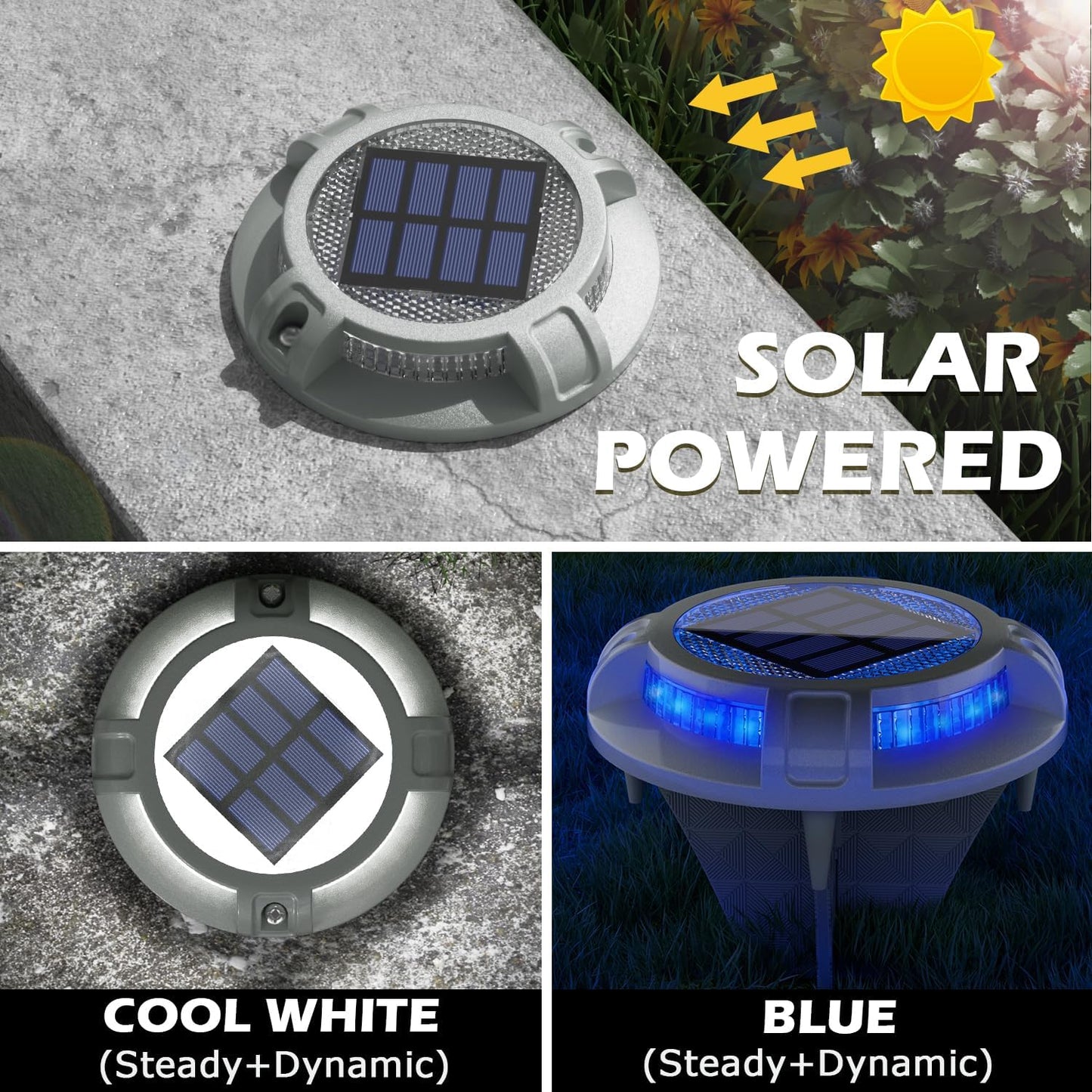 SIEDiNLAR Solar Driveway Lights Outdoor 4 Modes 40 LEDs Marine Dock Light Deck Driveway Markers Waterproof for Garden Step Ground Walkway Pathway Yard, Blue/White Dynamic Lighting