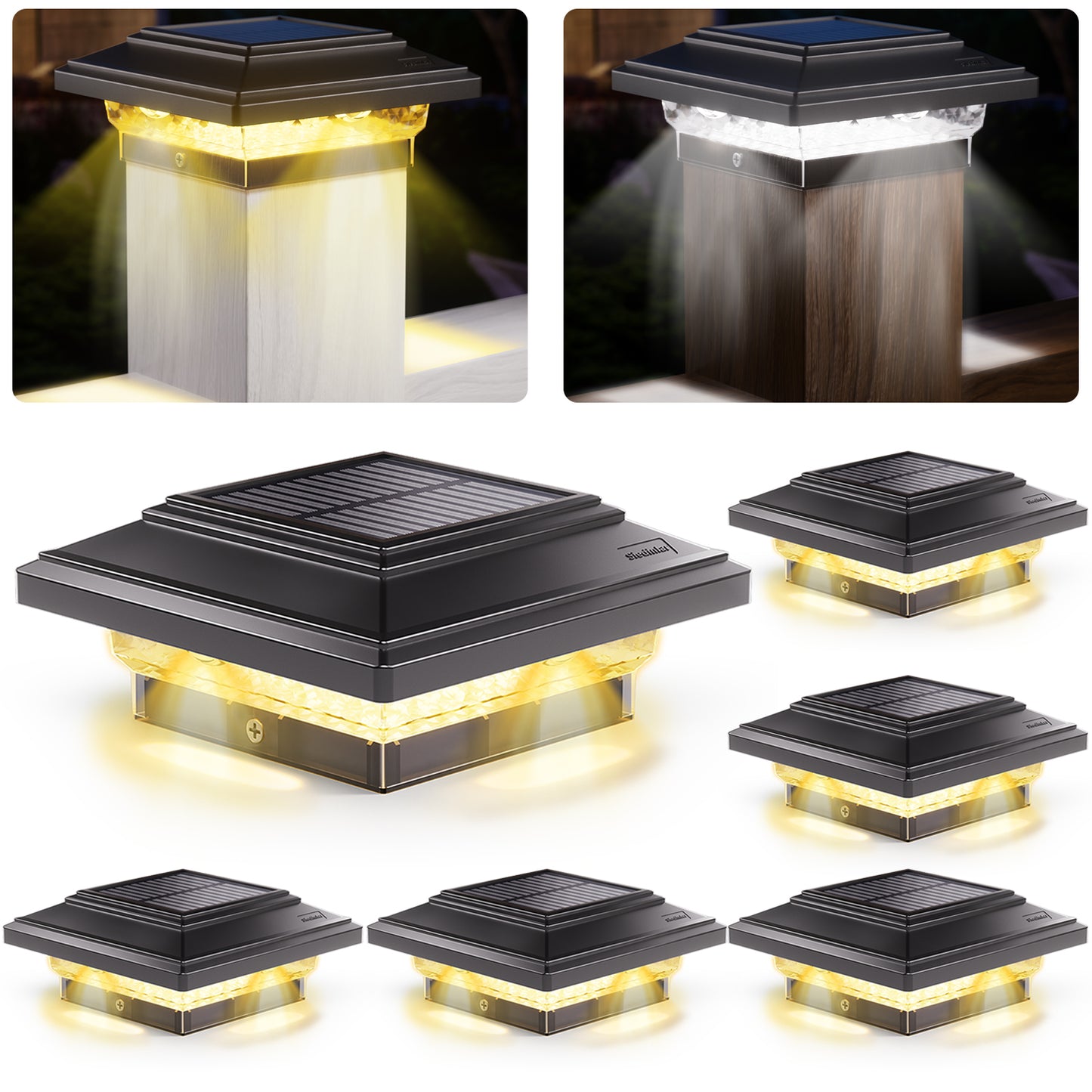 SIEDiNLAR 4x4 Solar Post Lights 50 Lumens 2 Modes, Post Caps Light Outdoor Waterproof for 4x4 Wooden Vinyl Posts, Deck Fence Garden Patio Decor, Warm/White Lighting (Black)