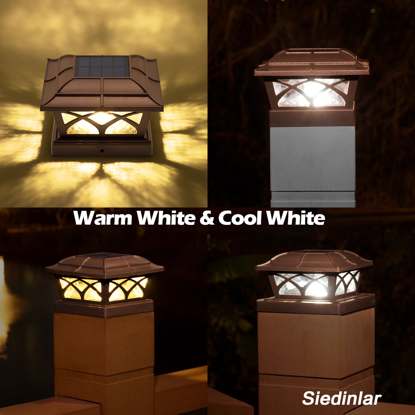 Siedinlar SD012Z Solar Post Cap Lights Outdoor Glass 2 Color Modes 8 LEDs for 4x4 5x5 6x6 Posts Deck Fence Patio Decoration Warm White & Cool White Lighting Brown (4 Pack)