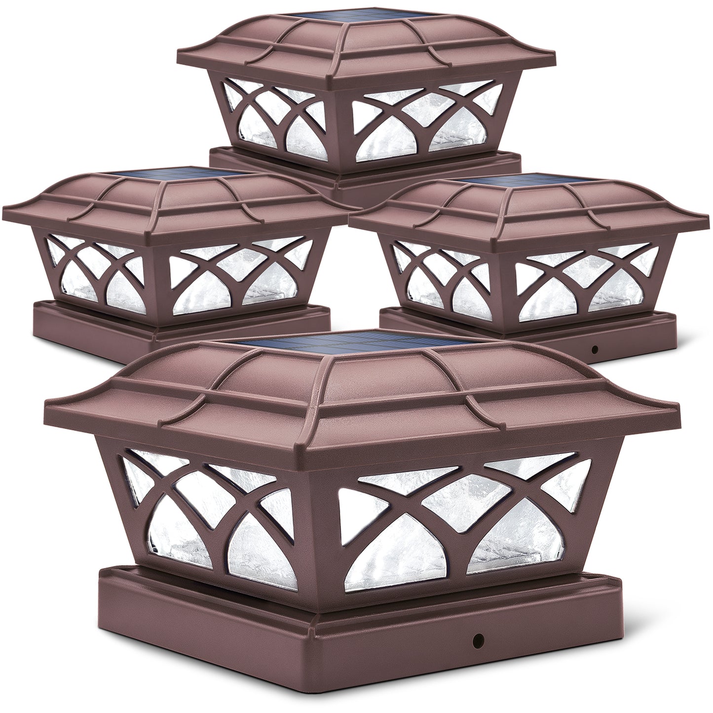 Siedinlar SD012Z Solar Post Cap Lights Outdoor Glass 2 Color Modes 8 LEDs for 4x4 5x5 6x6 Posts Deck Fence Patio Decoration Warm White & Cool White Lighting Brown (4 Pack)