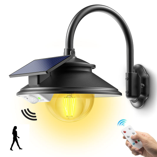 SIEDiNLAR Solar Barn Light Outdoor 3 Modes 2 Lighting, Garage Shed Light Farmhouse Gooseneck Wall Light Waterproof with Remote/Motion Sensor for Barn Garage Shed Chicken Coop Porch Black