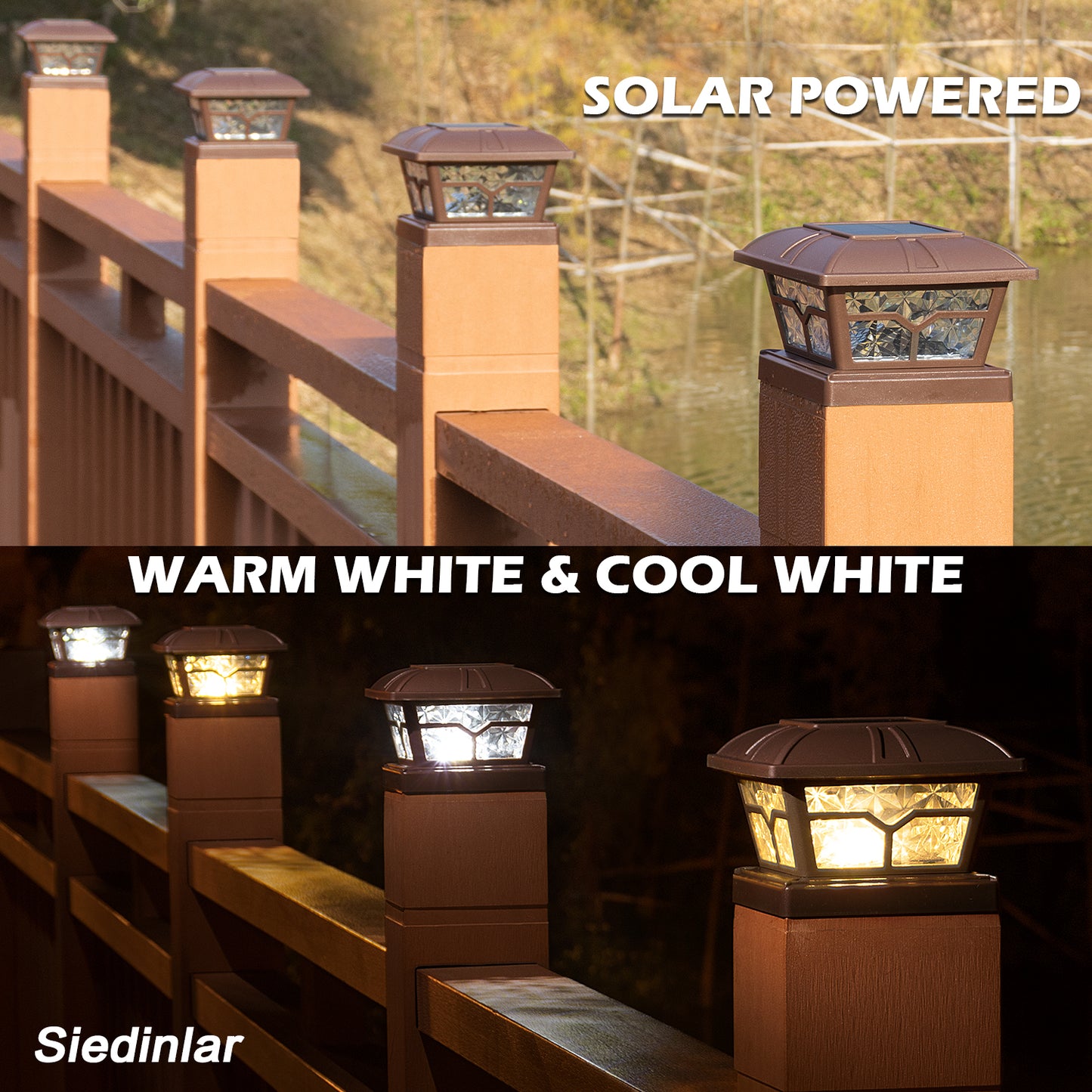 Siedinlar SD020Z Solar Post Cap Lights Outdoor 2 Color Modes 8 LEDs for 4x4 5x5 6x6 Posts Fence Deck Patio Decoration Warm White & Cool White Lighting Brown (4 Pack)