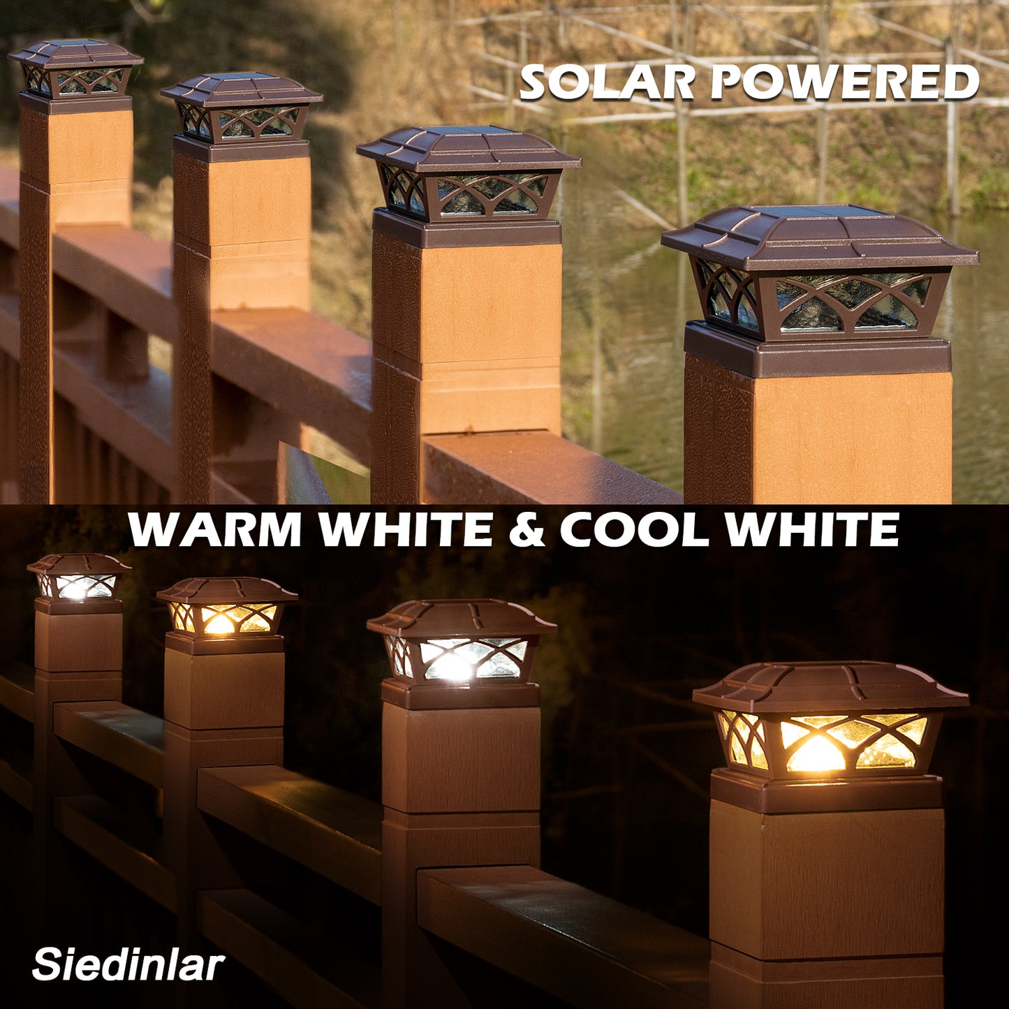 Siedinlar SD012Z Solar Post Cap Lights Outdoor Glass 2 Color Modes 8 LEDs for 4x4 5x5 6x6 Posts Deck Fence Patio Decoration Warm White & Cool White Lighting Brown (4 Pack)
