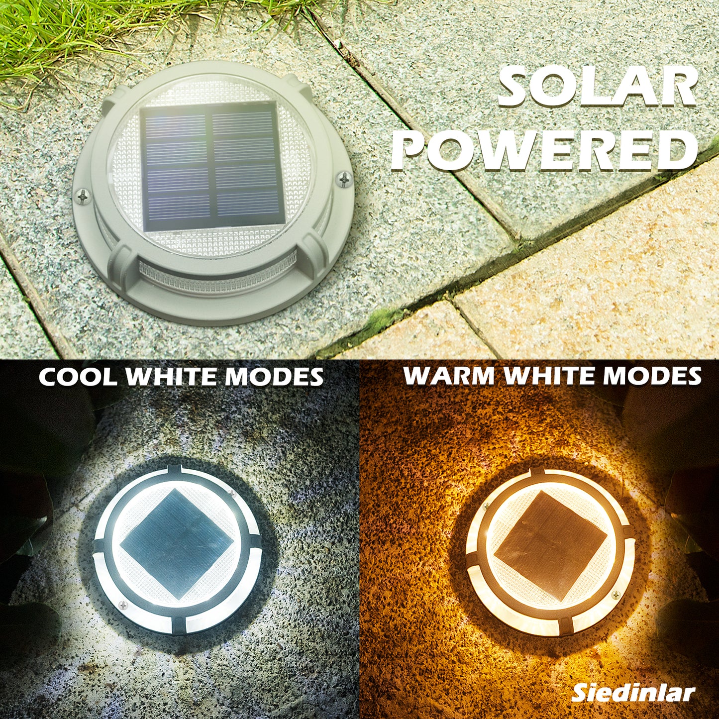 Siedinlar SD008WC Solar Deck Lights Outdoor 2 Modes 16 LEDs Driveway Markers Dock Light Solar Powered Waterproof for Ground Step Pathway Walkway Stair Garden Road Yard 4 Pack (Cool White/Warm White)