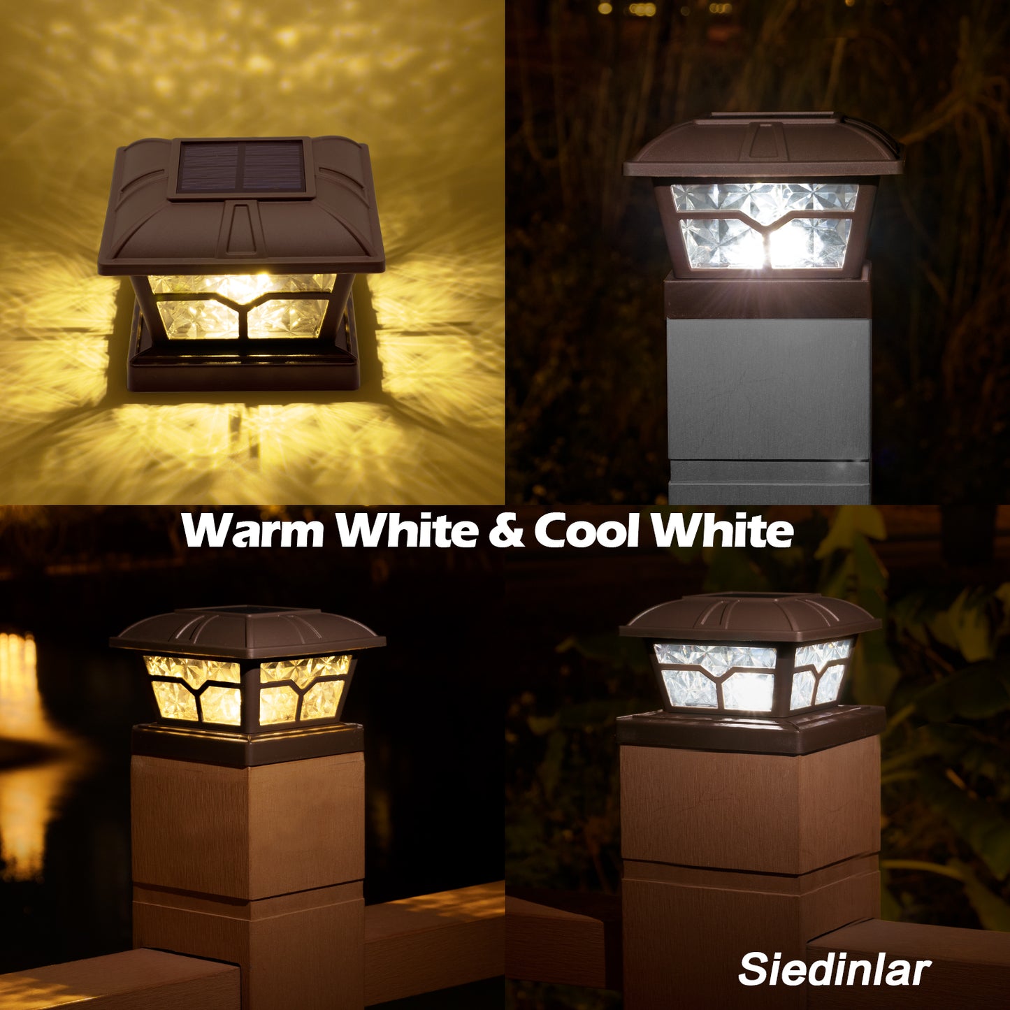 Siedinlar SD020Z Solar Post Cap Lights Outdoor 2 Color Modes 8 LEDs for 4x4 5x5 6x6 Posts Fence Deck Patio Decoration Warm White & Cool White Lighting Brown (4 Pack)