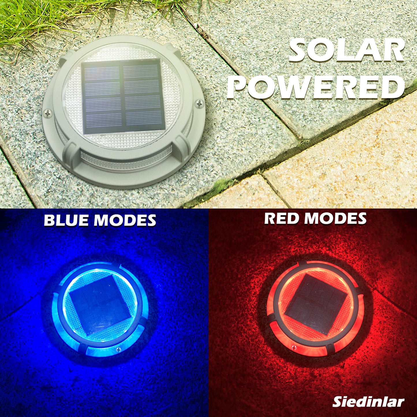 Siedinlar SD008BR Solar Deck Lights Outdoor 2 Modes 16 LEDs Driveway Markers Dock Light Solar Powered Waterproof for Ground Step Stair Pathway Walkway Garden Yard Road 4 Pack (Blue/Red)