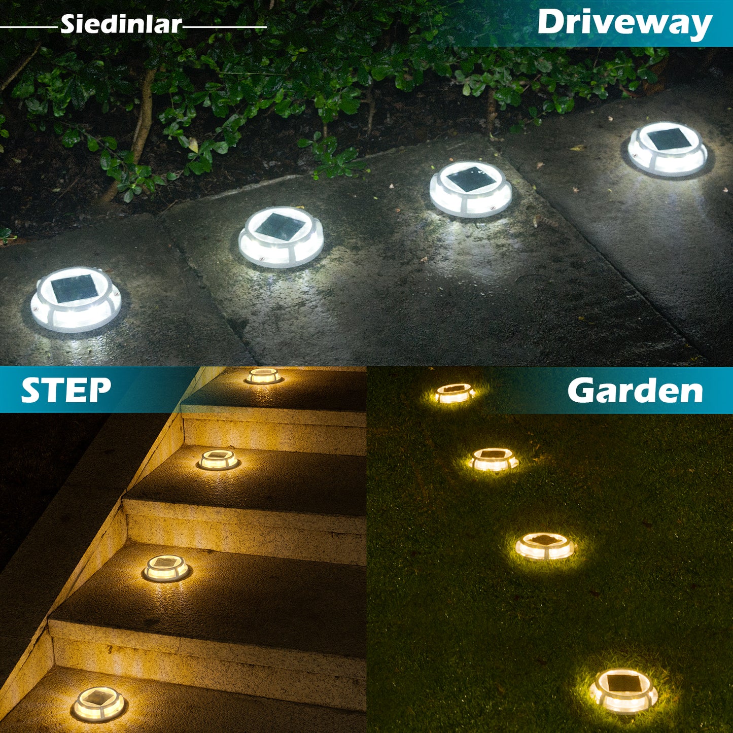 Siedinlar SD008WC Solar Deck Lights Outdoor 2 Modes 16 LEDs Driveway Markers Dock Light Solar Powered Waterproof for Ground Step Pathway Walkway Stair Garden Road Yard 4 Pack (Cool White/Warm White)