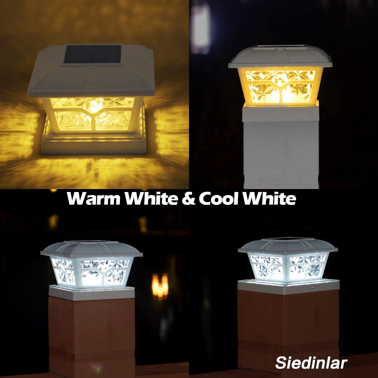 Siedinlar SD020 Solar Post Cap Lights Outdoor 2 Color Modes 8 LEDs for 4x4 5x5 6x6 Posts Fence Deck Patio Decoration Warm White & Cool White Lighting White