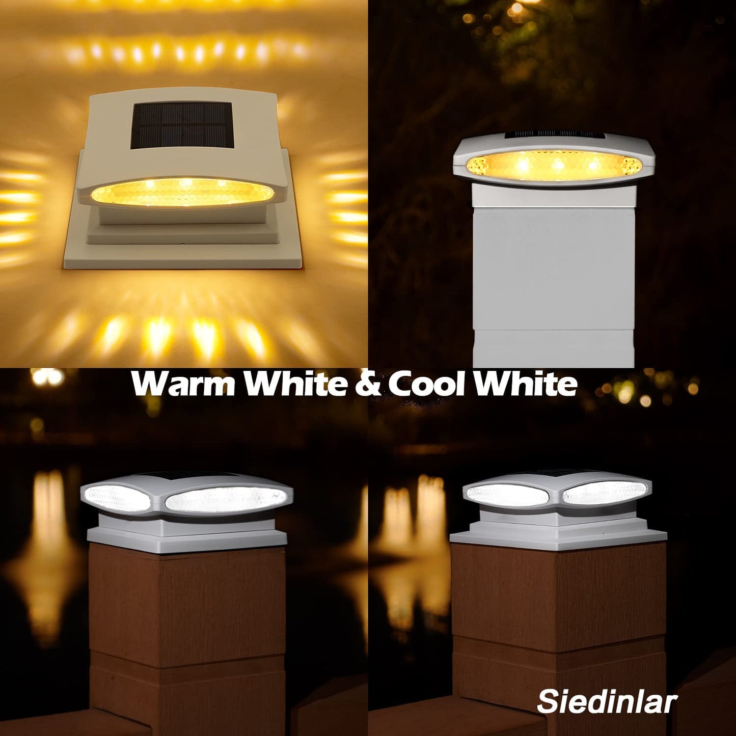 Siedinlar SD1064W Solar Post Cap Lights Outdoor, 2 Modes 24 LED Solar Powered Fence Deck Light for 4x4 5x5 6x6 Posts Garden Patio Decoration Warm White & Cool White, White (4 Pack)