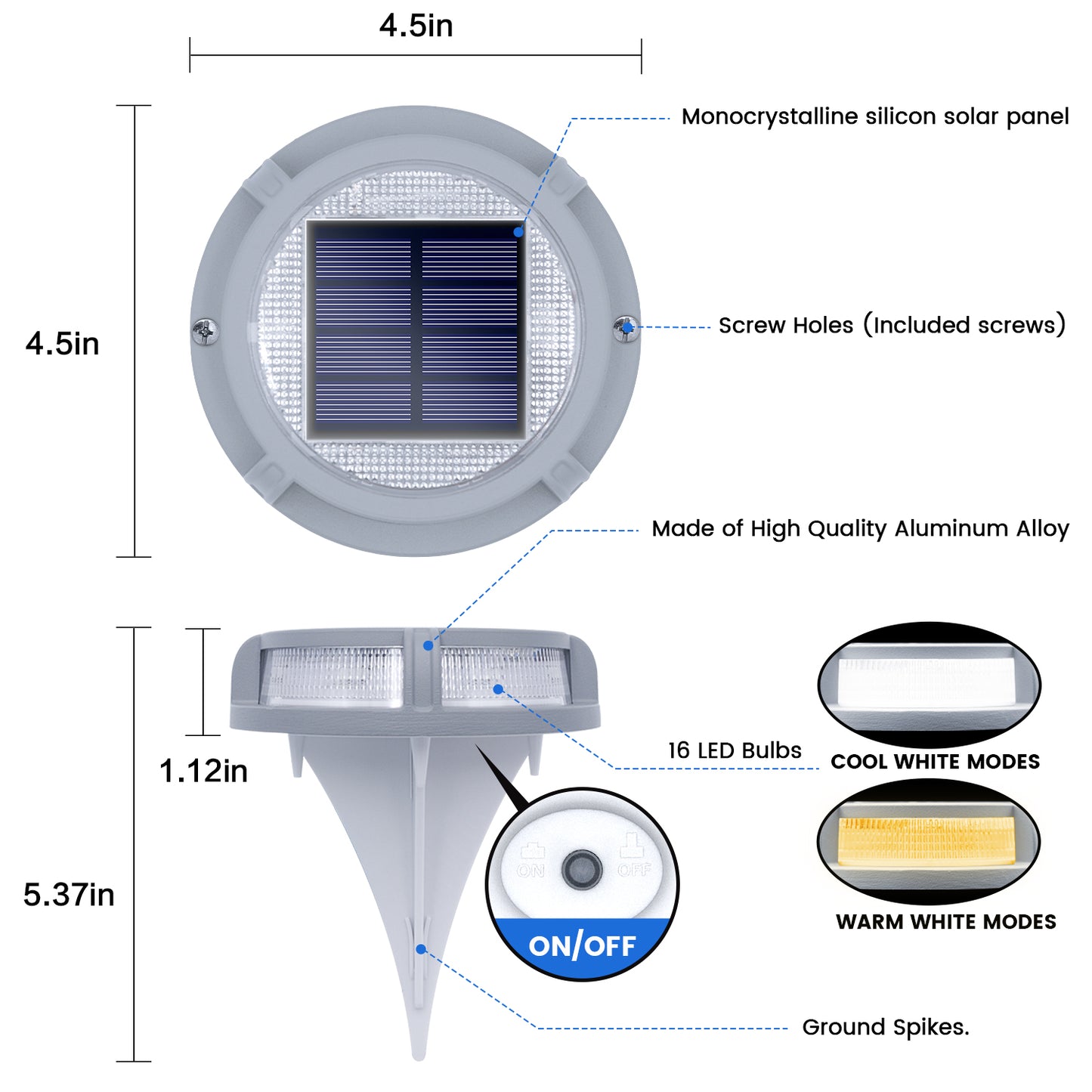 Siedinlar SD008WC Solar Deck Lights Outdoor 2 Modes 16 LEDs Driveway Markers Dock Light Solar Powered Waterproof for Ground Step Pathway Walkway Stair Garden Road Yard 4 Pack (Cool White/Warm White)