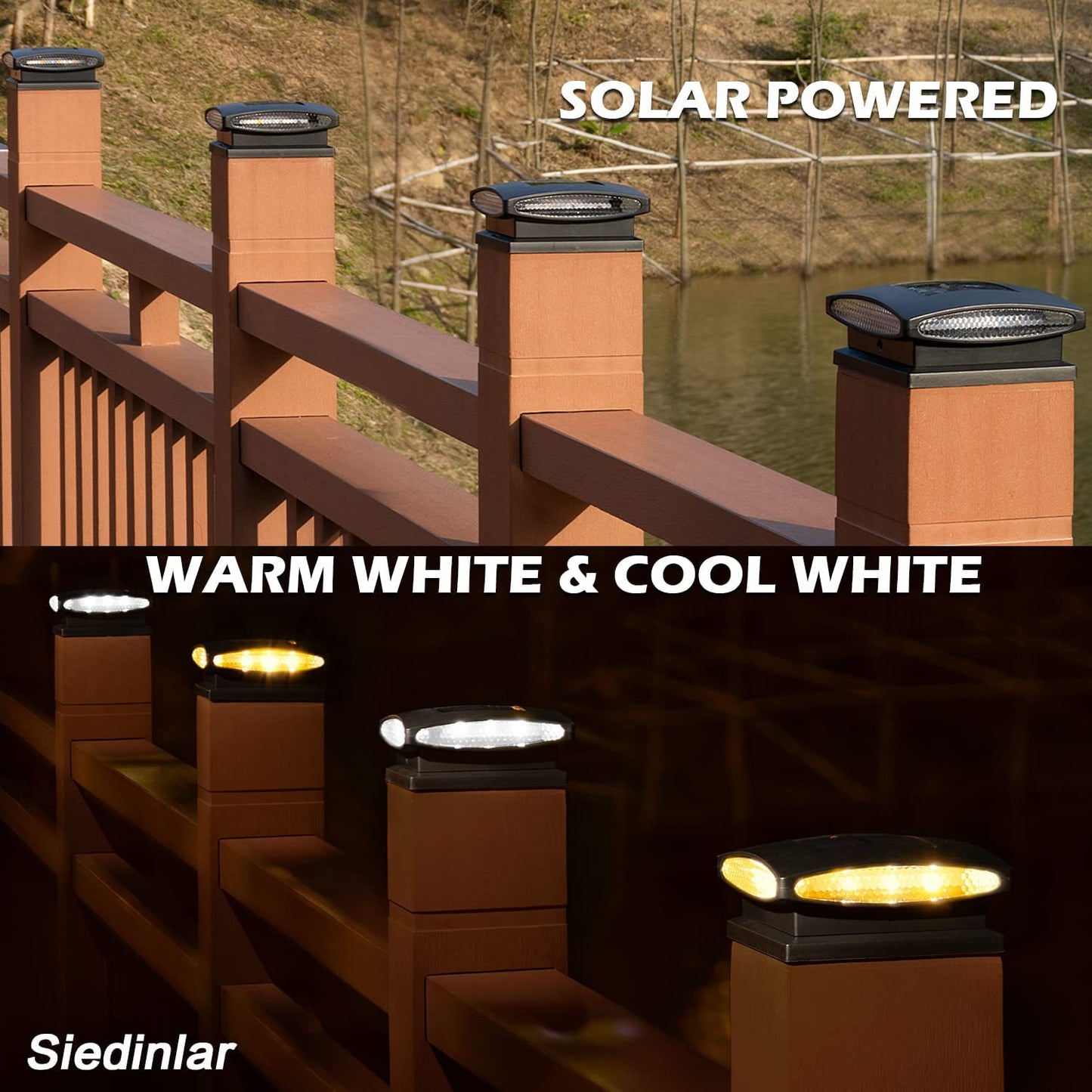 Siedinlar SD1064B Solar Post Cap Lights Outdoor, 2 Modes 24 LED Solar Powered Fence Deck Light for 4x4 5x5 6x6 Posts Garden Patio Decoration Warm White & Cool White, Black (4 Pack)