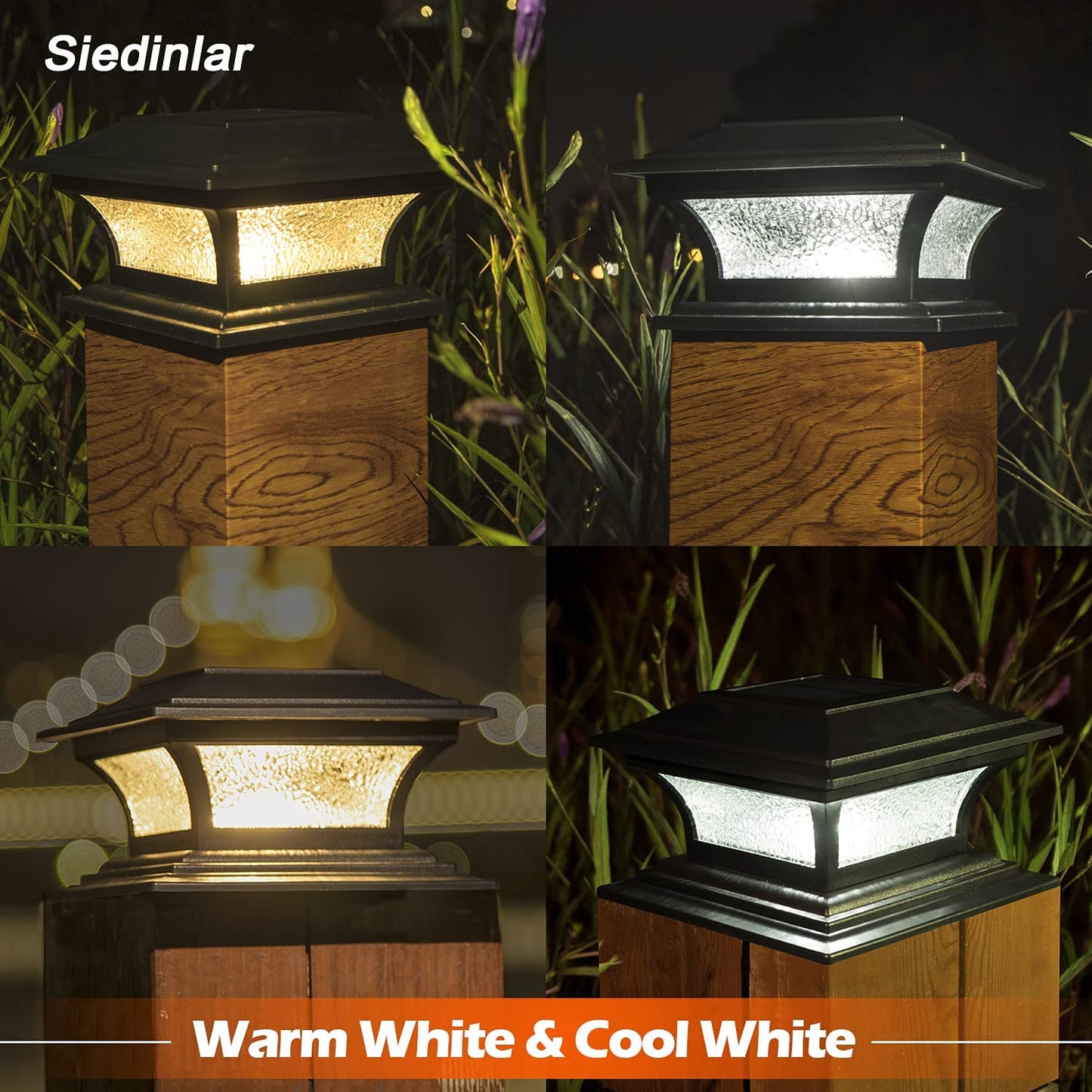 Siedinlar SD0313B Solar Post Lights Outdoor Glass LED Fence Cap Light 2 Modes for 4x4 5x5 6x6 Posts Deck Patio Garden Decoration Warm White/Cool White Lighting Black (2 Pack)