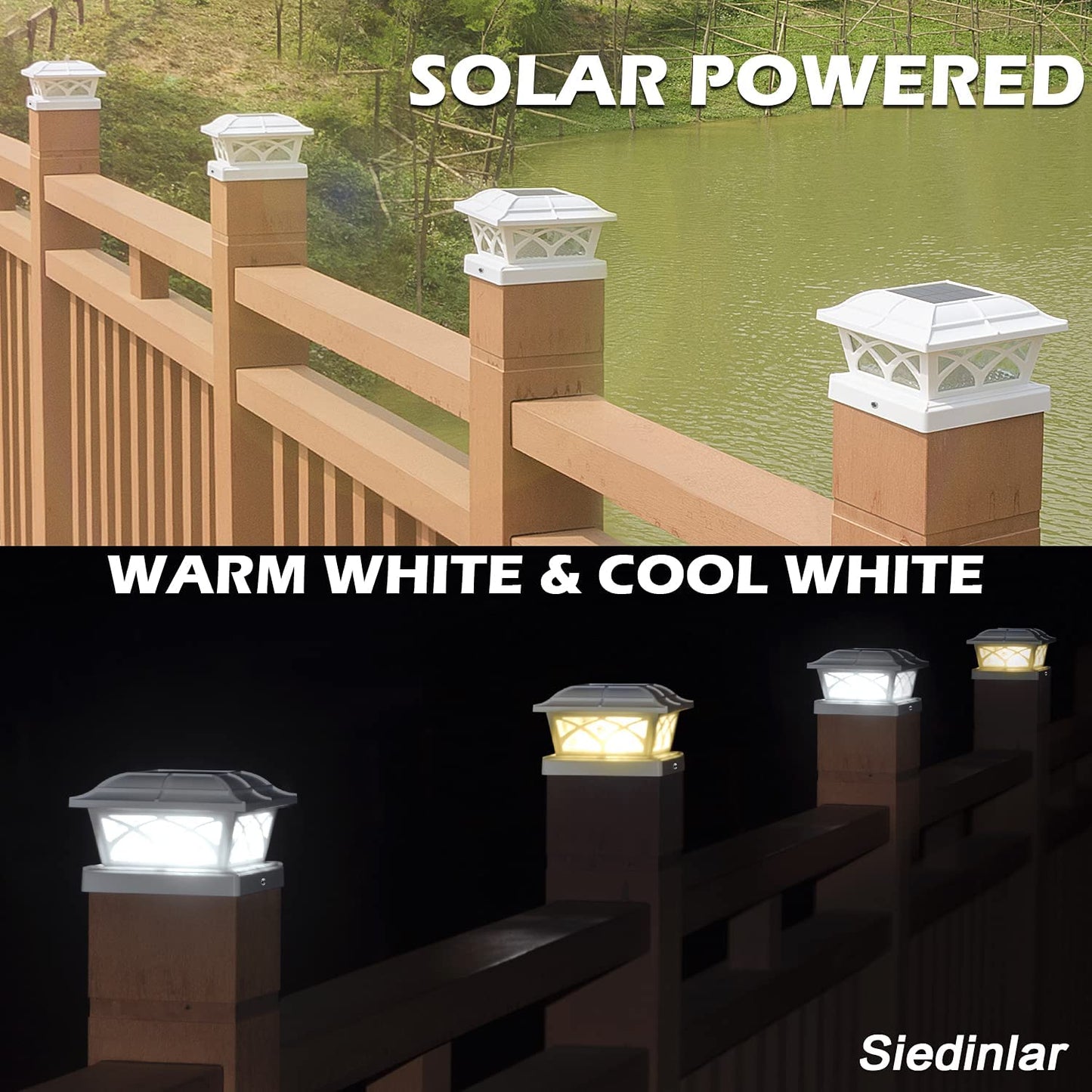Siedinlar SD012W 4Pack Solar Post Cap Lights Outdoor Glass 2 Color Modes 8 LEDs Warm White & Cool White Lighting Waterproof for 4x4 5x5 6x6 Posts（White）