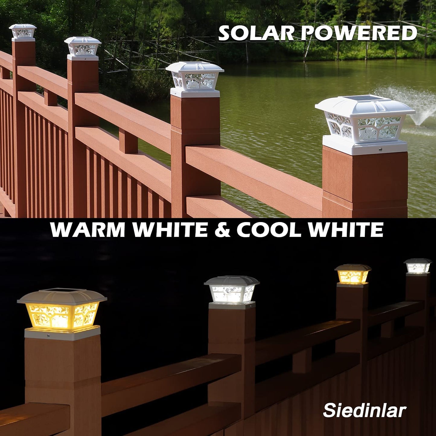 Siedinlar SD020 Solar Post Cap Lights Outdoor 2 Color Modes 8 LEDs for 4x4 5x5 6x6 Posts Fence Deck Patio Decoration Warm White & Cool White Lighting White