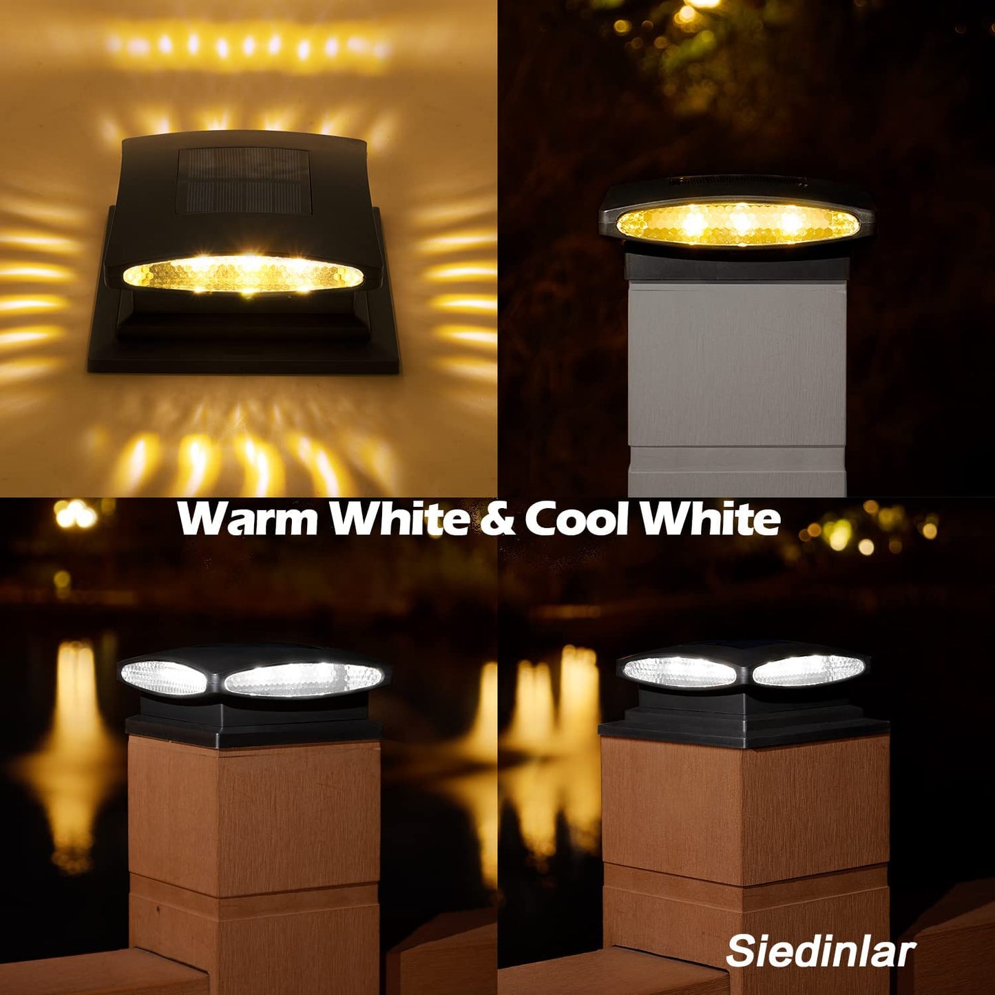 Siedinlar SD1064B Solar Post Cap Lights Outdoor, 2 Modes 24 LED Solar Powered Fence Deck Light for 4x4 5x5 6x6 Posts Garden Patio Decoration Warm White & Cool White, Black (4 Pack)