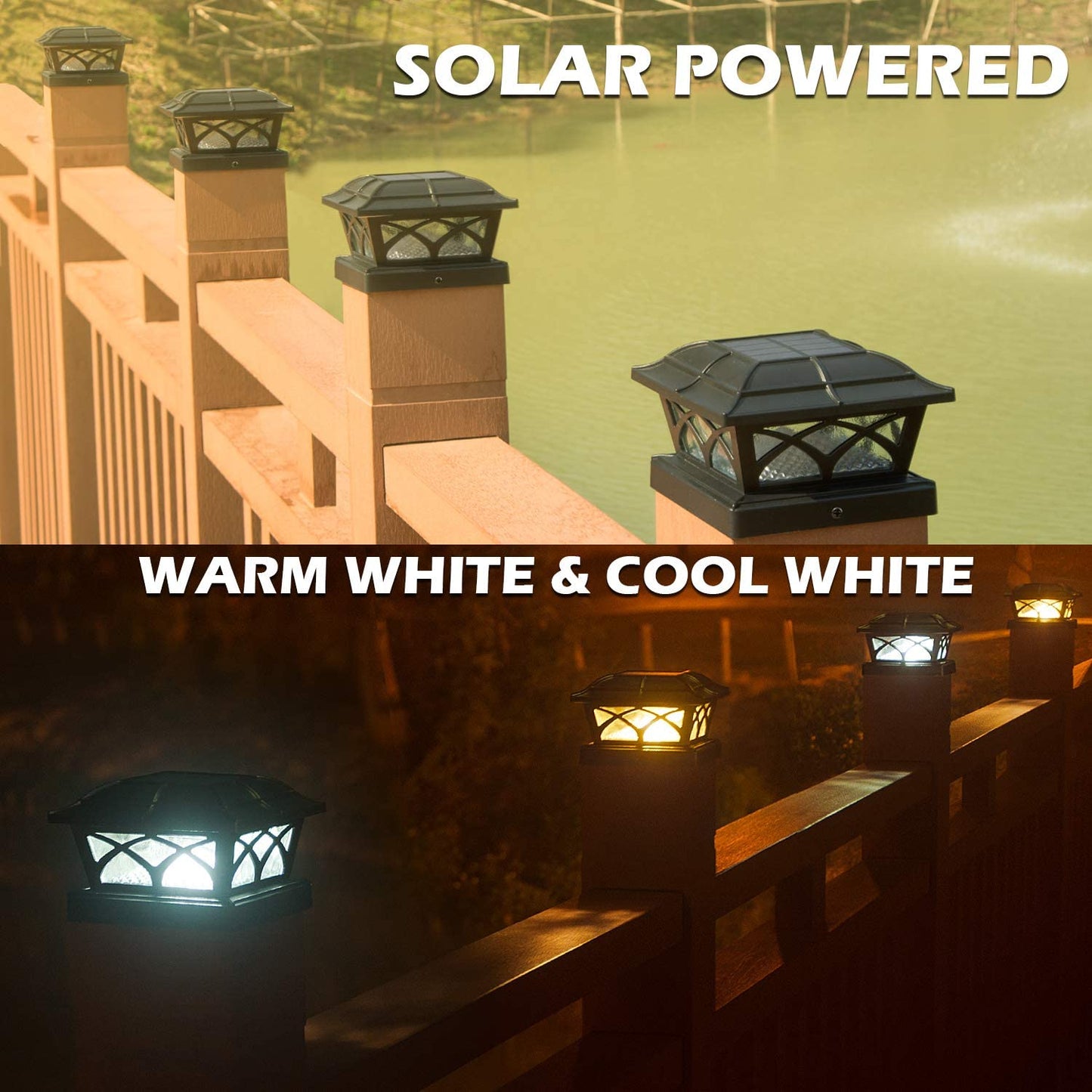 Siedinlar SD012B 4Pack Solar Post Cap Lights Outdoor Glass 2 Color Modes 8 LEDs Warm White & Cool White Lighting Waterproof for 4x4 5x5 6x6 Posts（Black）
