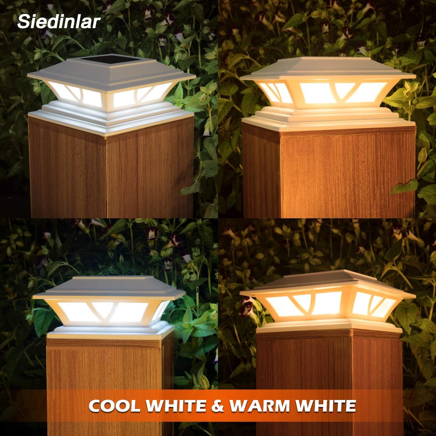Siedinlar SD0116W Solar Post Lights Outdoor 2 Modes LED Fence Deck Cap Light for 4x4 5x5 6x6 Posts Garden Patio Decoration Warm White/Cool White Lighting White (2 Pack)