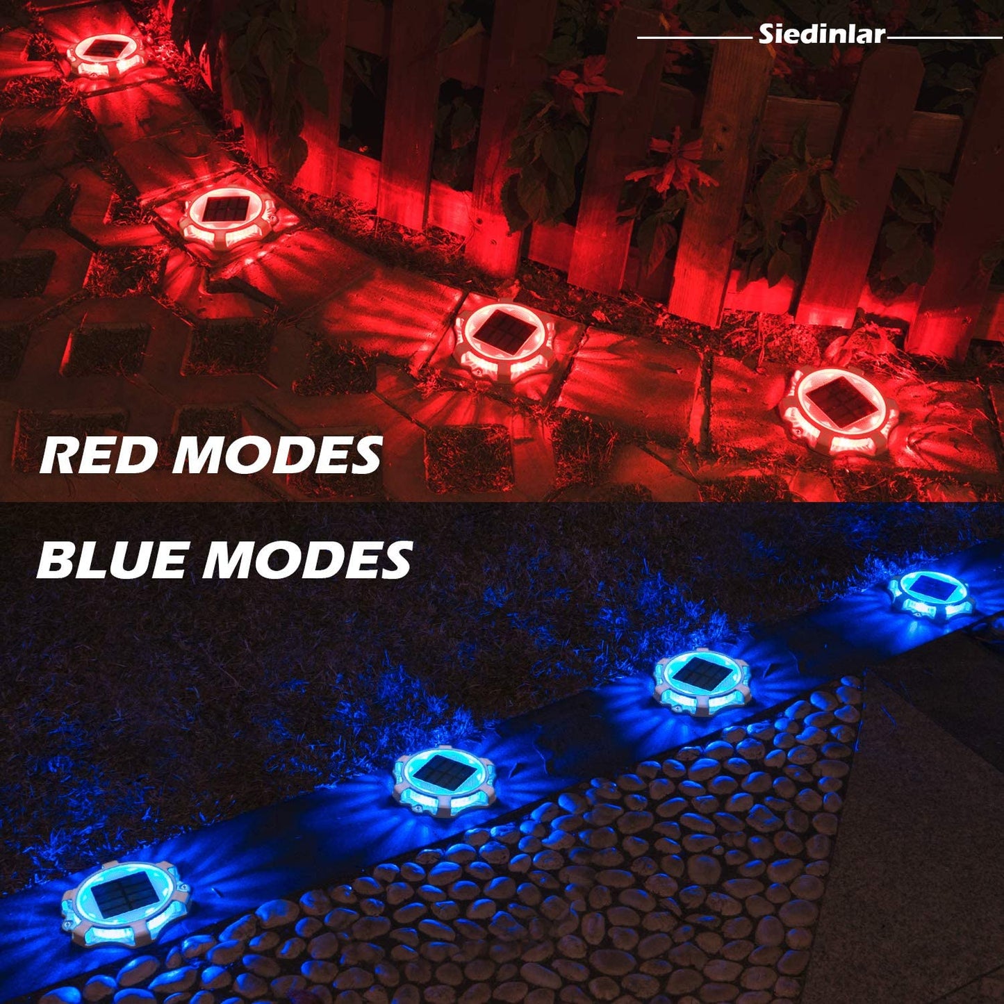 Siedinlar SD0312BR Solar Deck Lights Outdoor 2 Modes LED Driveway Markers Dock Light Solar Powered Waterproof for Step Walkway Ground Stair Pathway Yard Road Garden 4 Pack (Blue/Red)