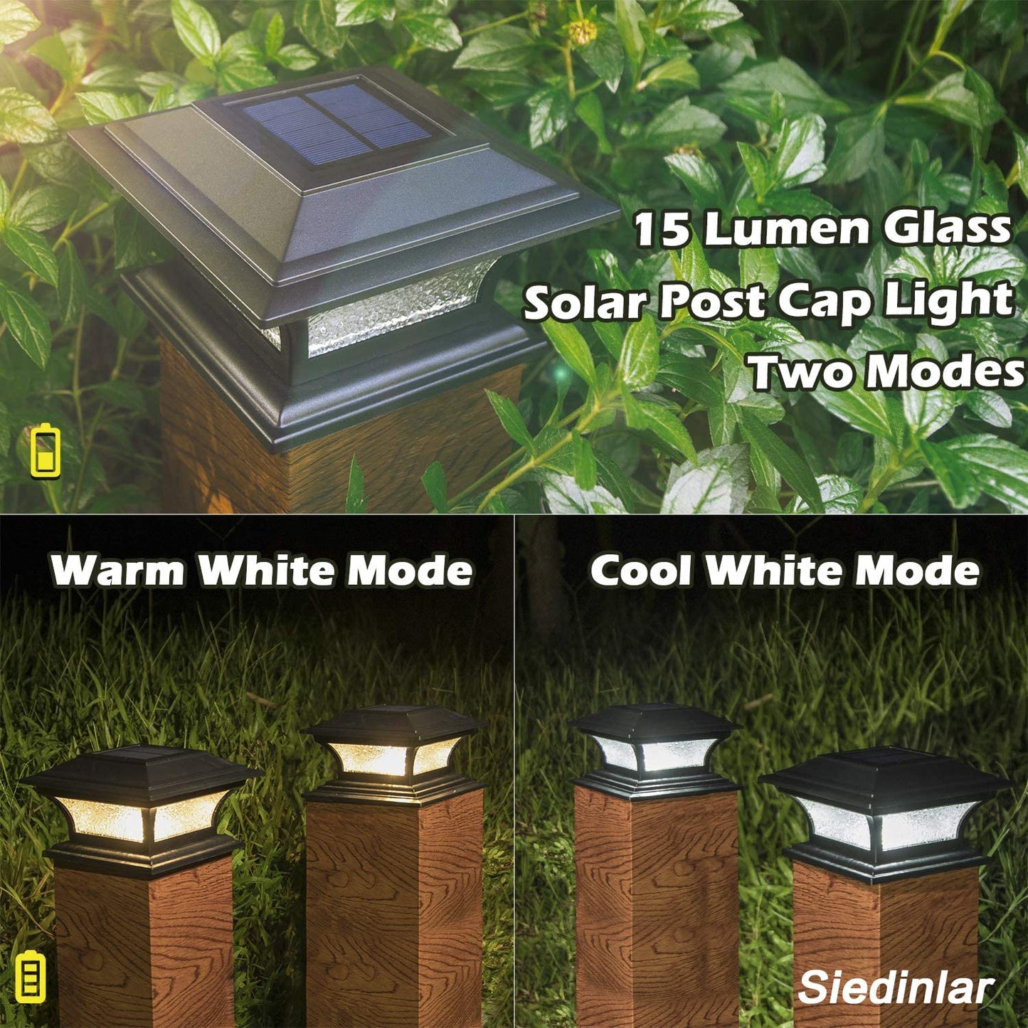 Siedinlar SD0313B Solar Post Lights Outdoor Glass LED Fence Cap Light 2 Modes for 4x4 5x5 6x6 Posts Deck Patio Garden Decoration Warm White/Cool White Lighting Black (2 Pack)