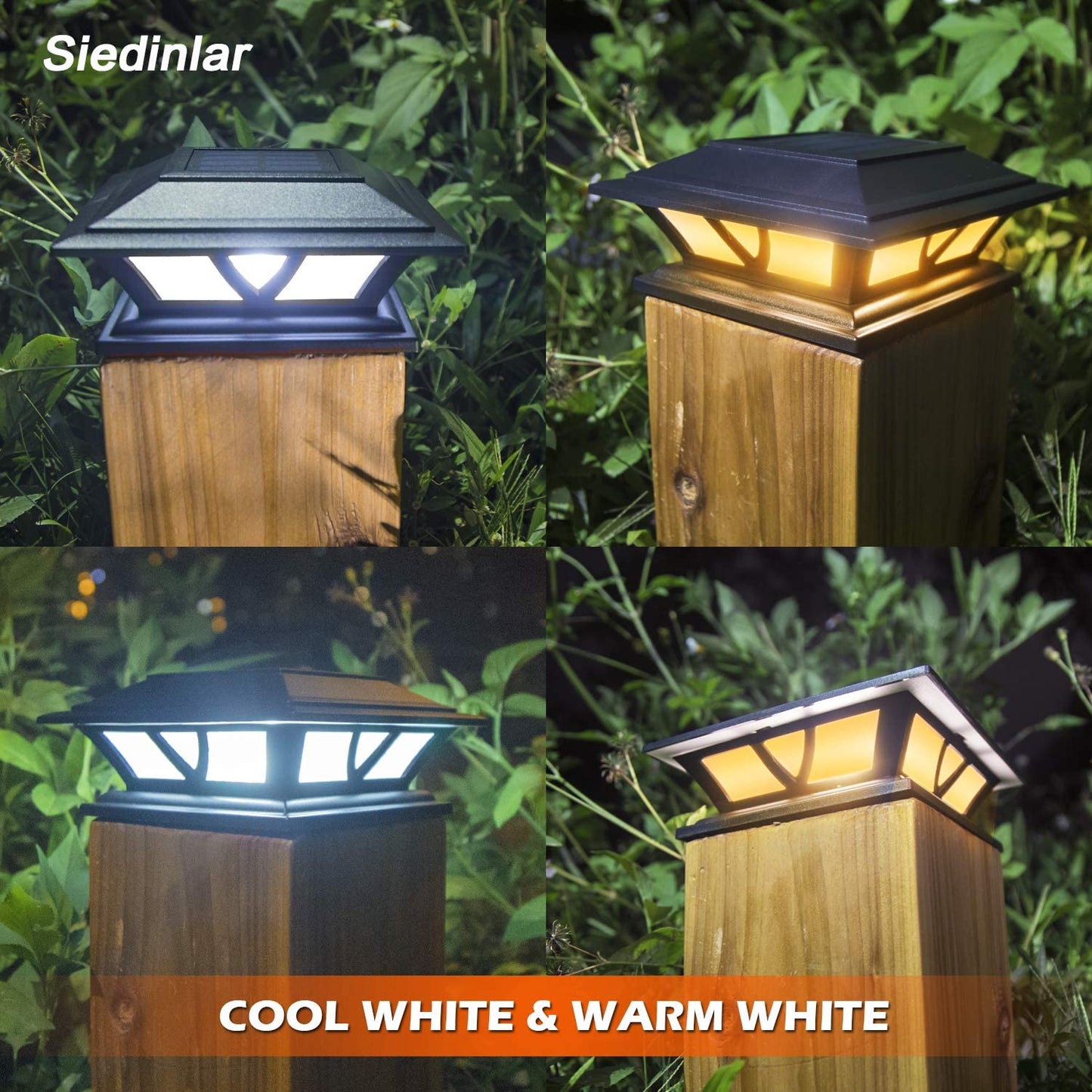 Siedinlar SD116B Solar Post Lights Outdoor 2 Modes LED Deck Fence Cap Light for 4x4 5x5 6x6 Posts Patio Garden Decoration Warm White/Cool White Lighting Black (2 Pack)