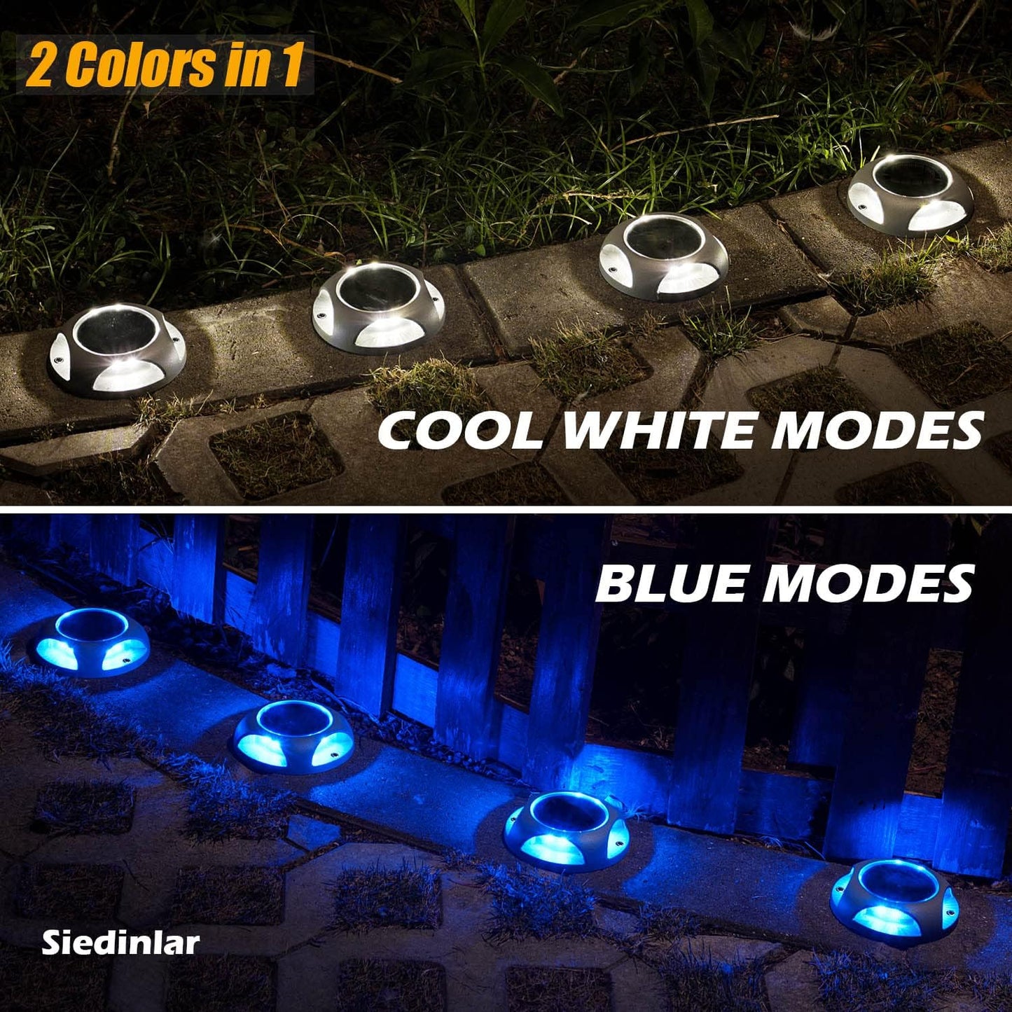 SIEDiNLAR Solar Deck Lights Outdoor LED Driveway Markers Dock Light Marine Waterproof Wireless 2 Colors in 1 for Pathway Walkway Step Stair Sidewalk Yard 12 Pack (Cool White/Blue)