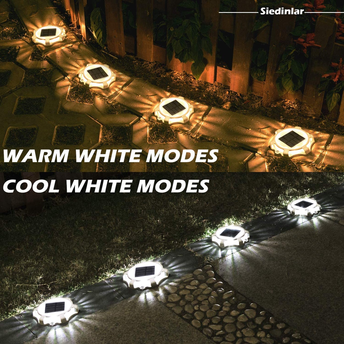 Siedinlar SD0312WC Solar Deck Lights Outdoor 2 Modes LED Dock Driveway Markers Light Solar Powered Waterproof for Step Ground Walkway Stair Pathway Yard Garden Road 4 Pack (Cool White/Warm White)