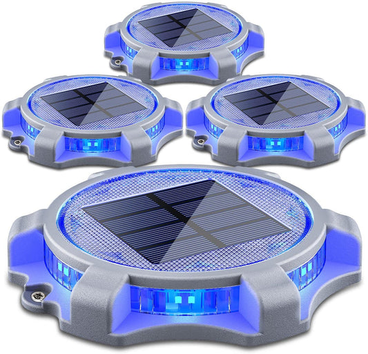Siedinlar SD0312BR Solar Deck Lights Outdoor 2 Modes LED Driveway Markers Dock Light Solar Powered Waterproof for Step Walkway Ground Stair Pathway Yard Road Garden 4 Pack (Blue/Red)