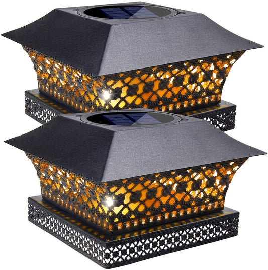Siedinlar SD0058 Solar Post Lights Outdoor Fence Deck Cap Light Solar Powered Metal Warm White LED Lighting Waterproof for Garden Patio Decoration 4x4 5x5 Wooden Posts Black (2 Pack)
