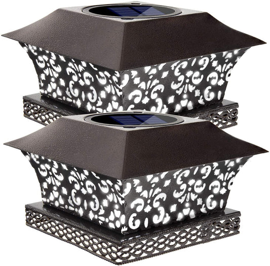 Siedinlar SD0071 Solar Post Lights Outdoor Deck Fence Cap Light Solar Powered Metal White LED Lighting Waterproof for Patio Garden Decoration 4x4 5x5 Wooden Posts Brown (2 Pack)
